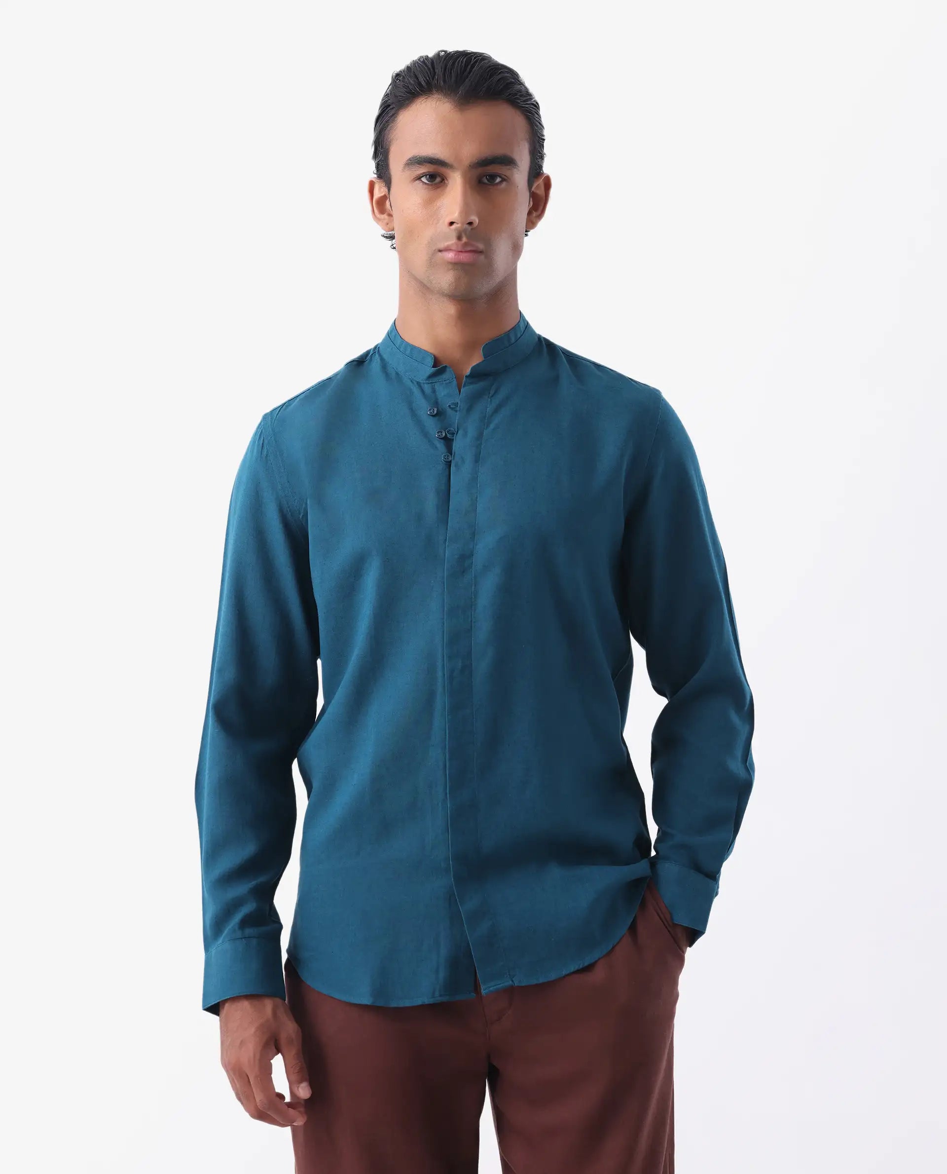 Rare Rabbit Men's Throne Ls-25 Teal Linen Blend Plain Regular Fit Full Sleeve Mandarin Collar Shirt