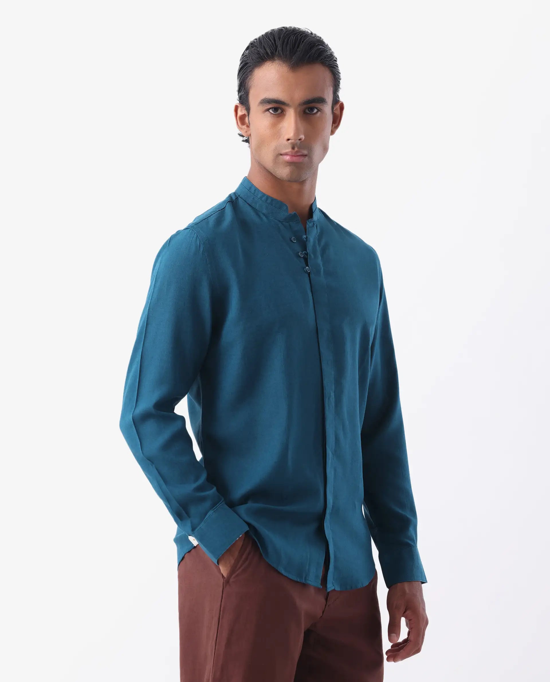Rare Rabbit Men's Throne Ls-25 Teal Linen Blend Plain Regular Fit Full Sleeve Mandarin Collar Shirt
