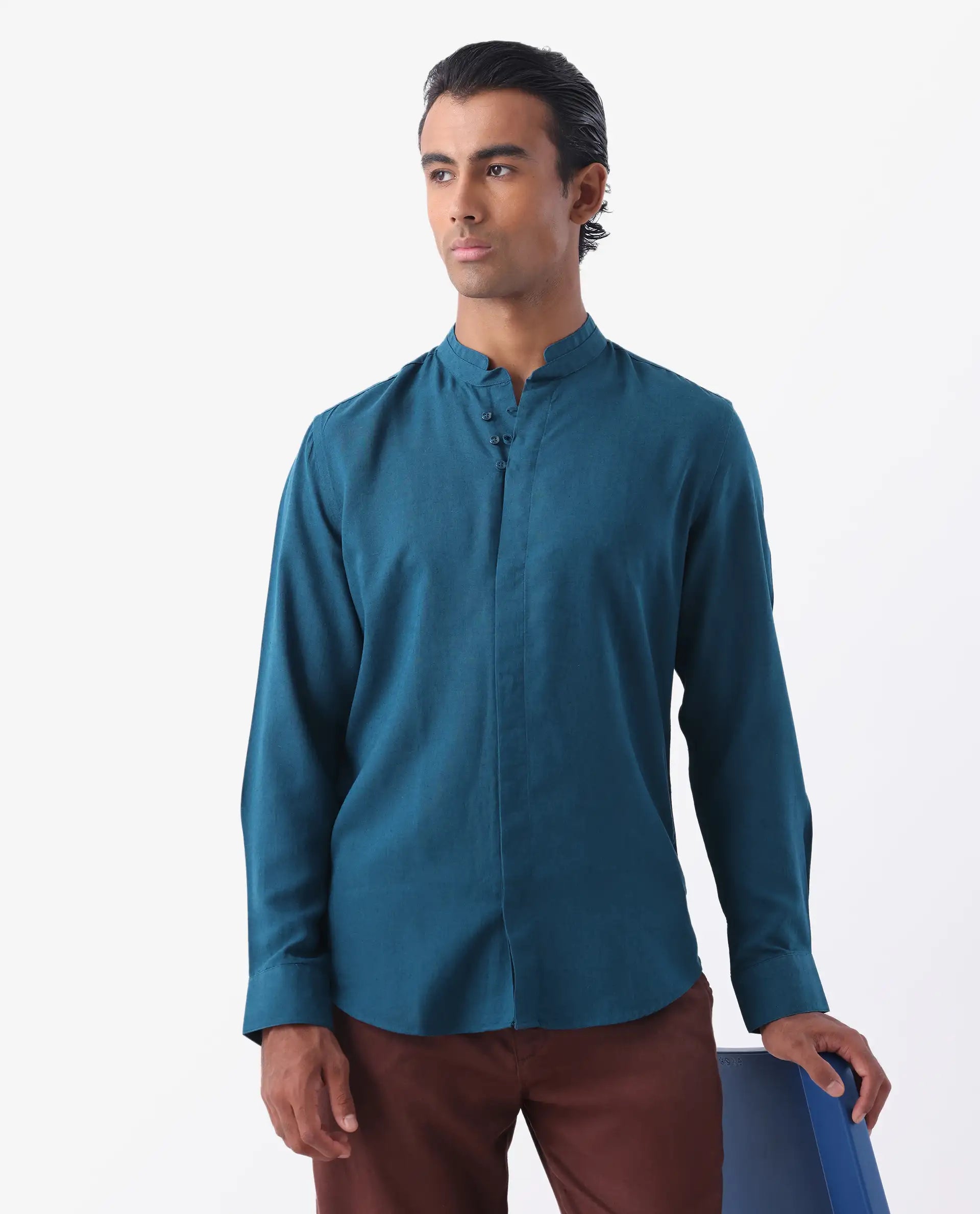 Rare Rabbit Men's Throne Ls-25 Teal Linen Blend Plain Regular Fit Full Sleeve Mandarin Collar Shirt