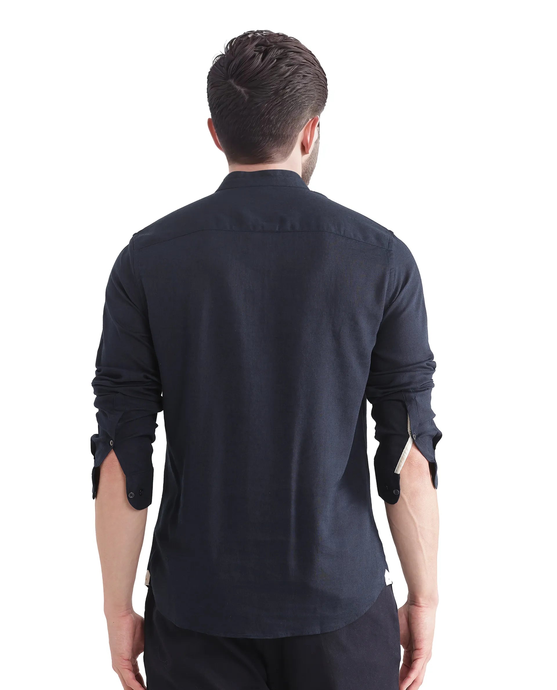 Rare Rabbit Men Throne Ls 25 Navy Lyocell Linen Fabric Full Sleeve Collared Neck Button Closure Plain Shirt