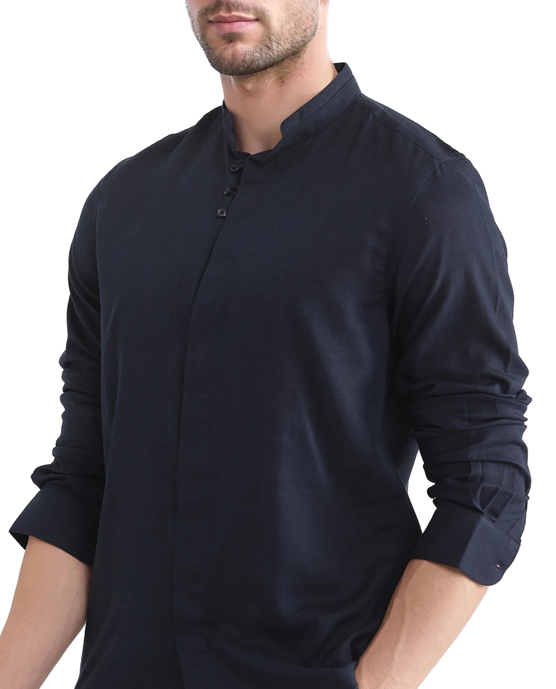Rare Rabbit Men Throne Ls 25 Navy Lyocell Linen Fabric Full Sleeve Collared Neck Button Closure Plain Shirt