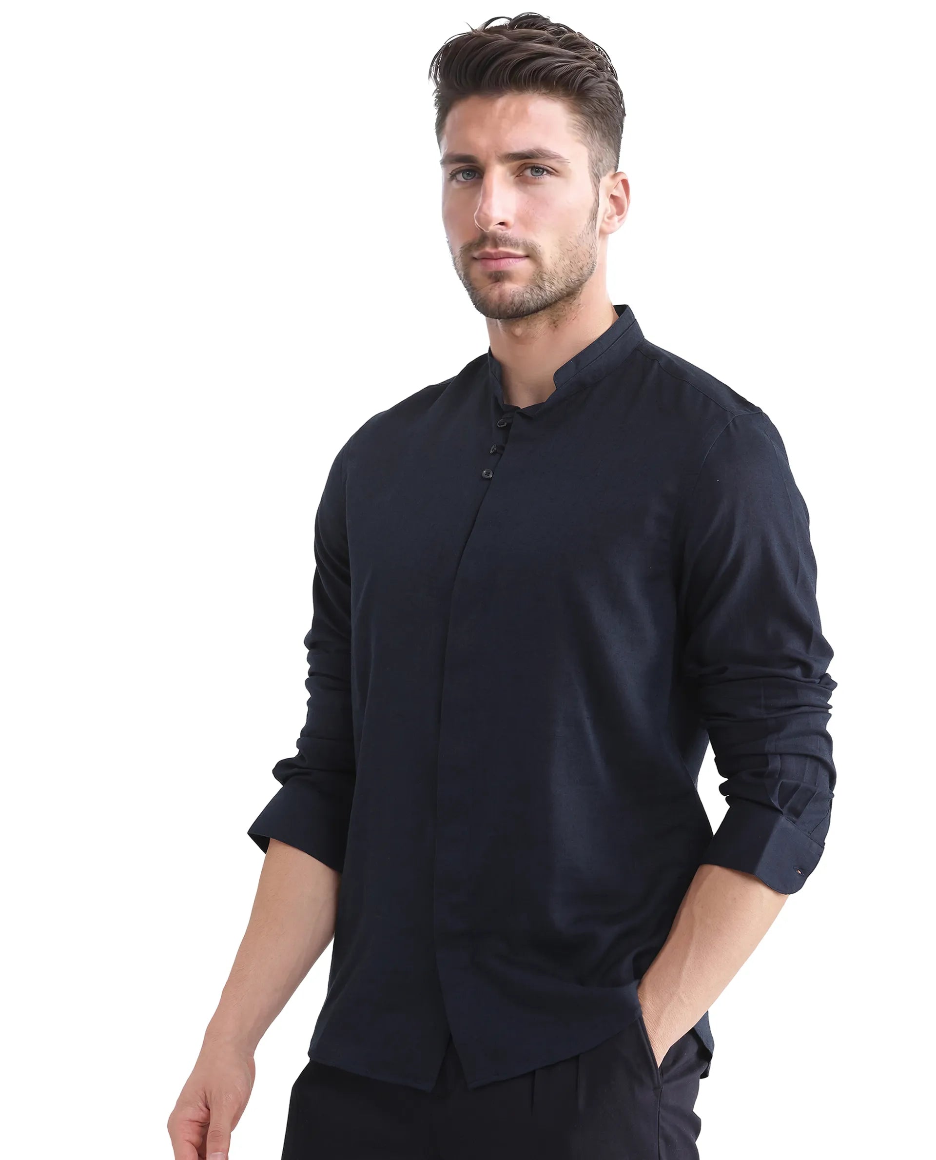 Rare Rabbit Men Throne Ls 25 Navy Lyocell Linen Fabric Full Sleeve Collared Neck Button Closure Plain Shirt