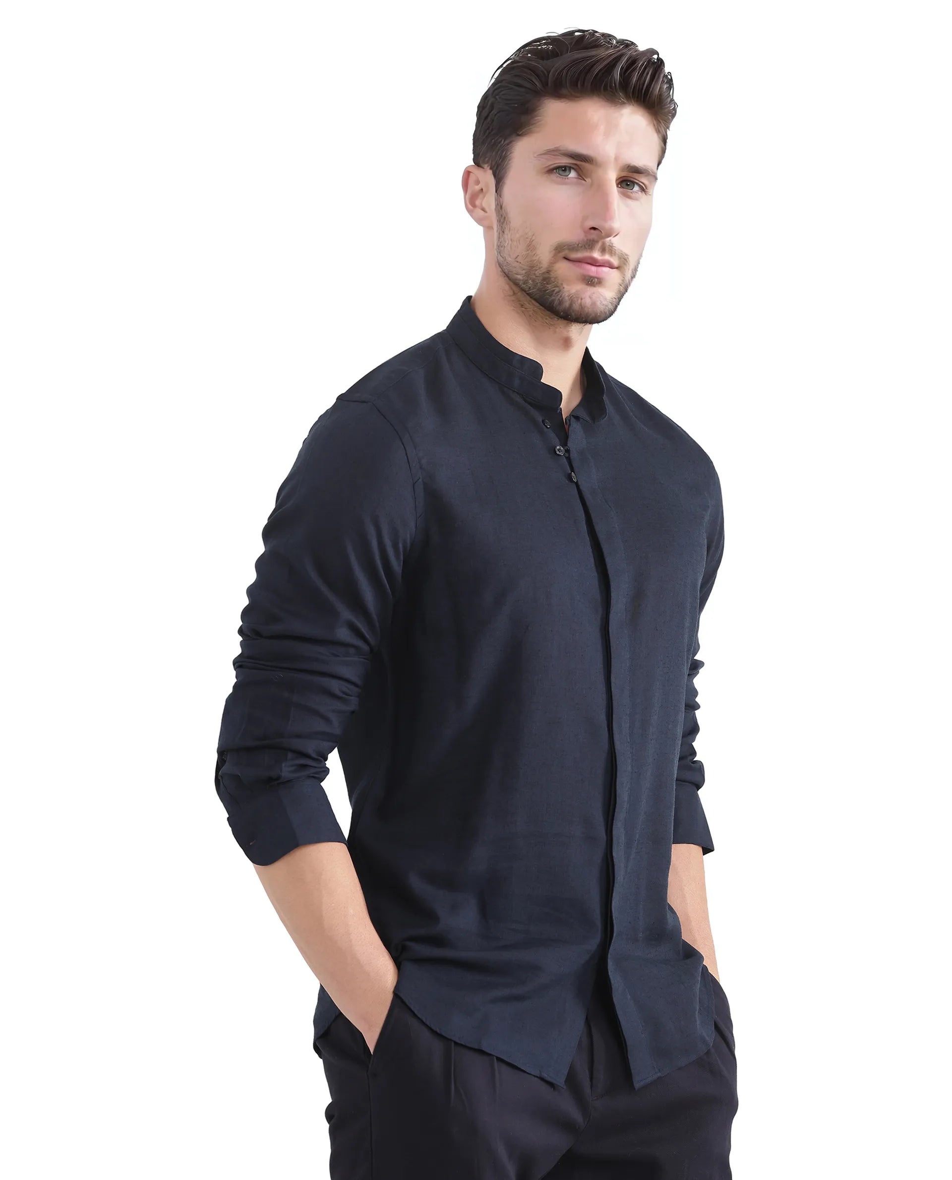 Rare Rabbit Men Throne Ls 25 Navy Lyocell Linen Fabric Full Sleeve Collared Neck Button Closure Plain Shirt