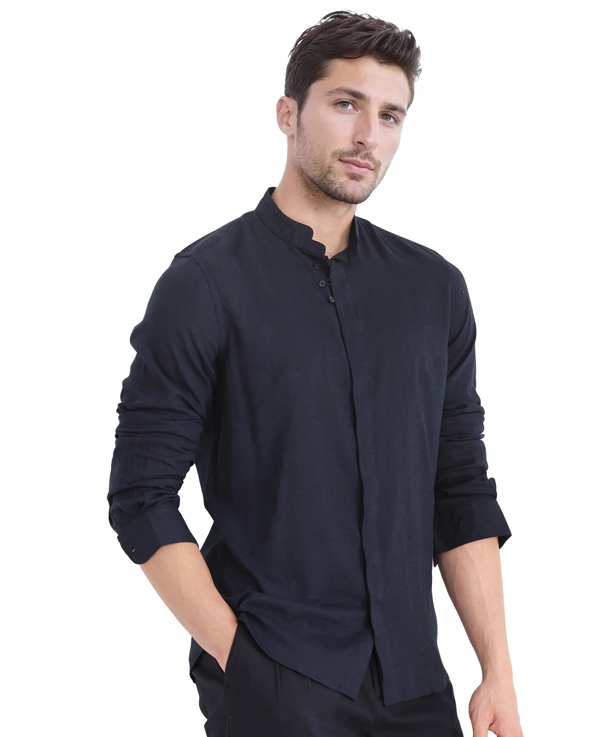 Rare Rabbit Men Throne Ls 25 Navy Lyocell Linen Fabric Full Sleeve Collared Neck Button Closure Plain Shirt