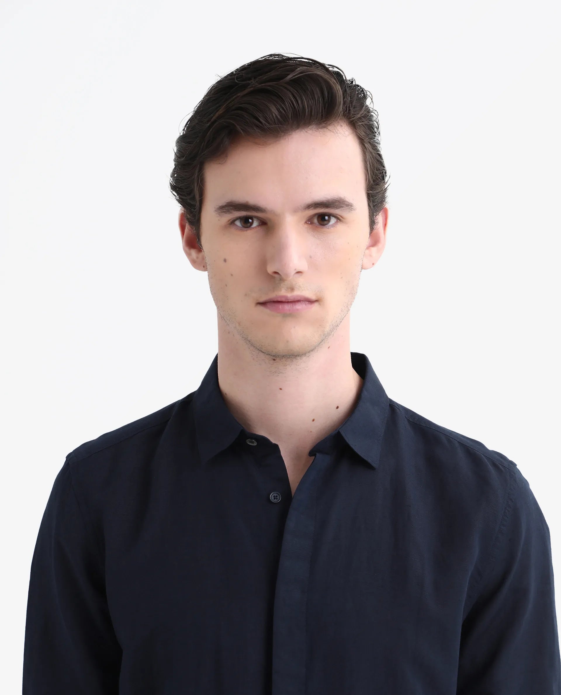 Rare Rabbit Men's Throner Navy Linen Blend Plain Regular Fit Full Sleeve Collared Shirt