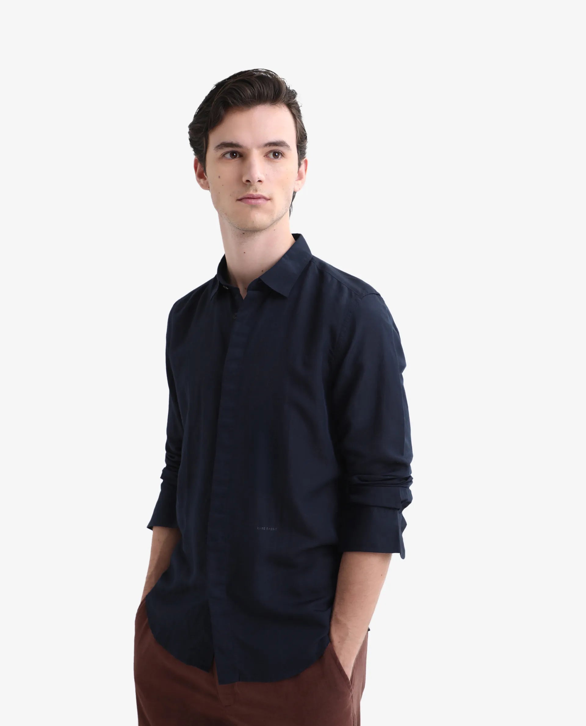 Rare Rabbit Men's Throner Navy Linen Blend Plain Regular Fit Full Sleeve Collared Shirt