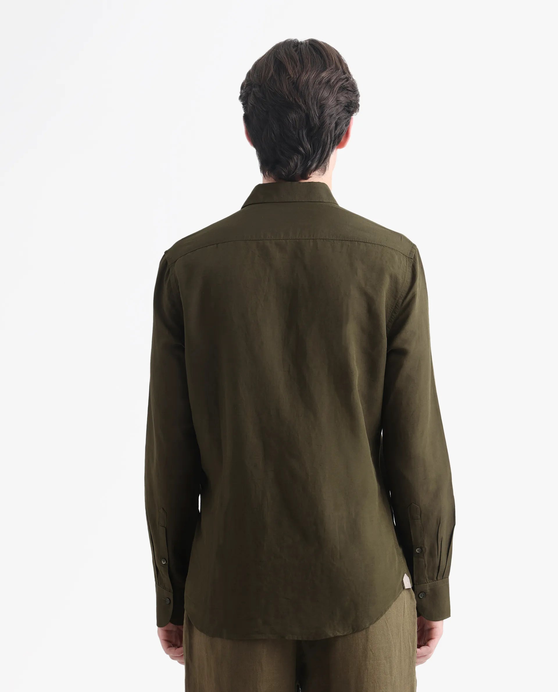 Rare Rabbit Men's Throner Olive Linen Blend Plain Regular Fit Full Sleeve Collared Shirt