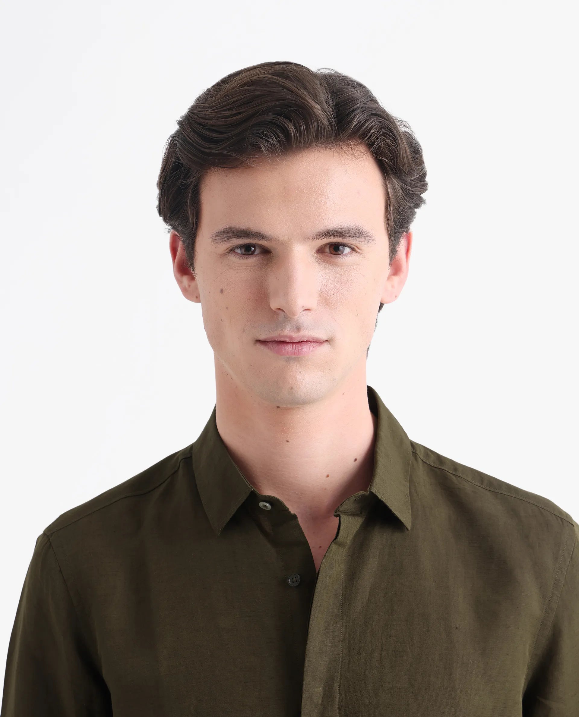 Rare Rabbit Men's Throner Olive Linen Blend Plain Regular Fit Full Sleeve Collared Shirt