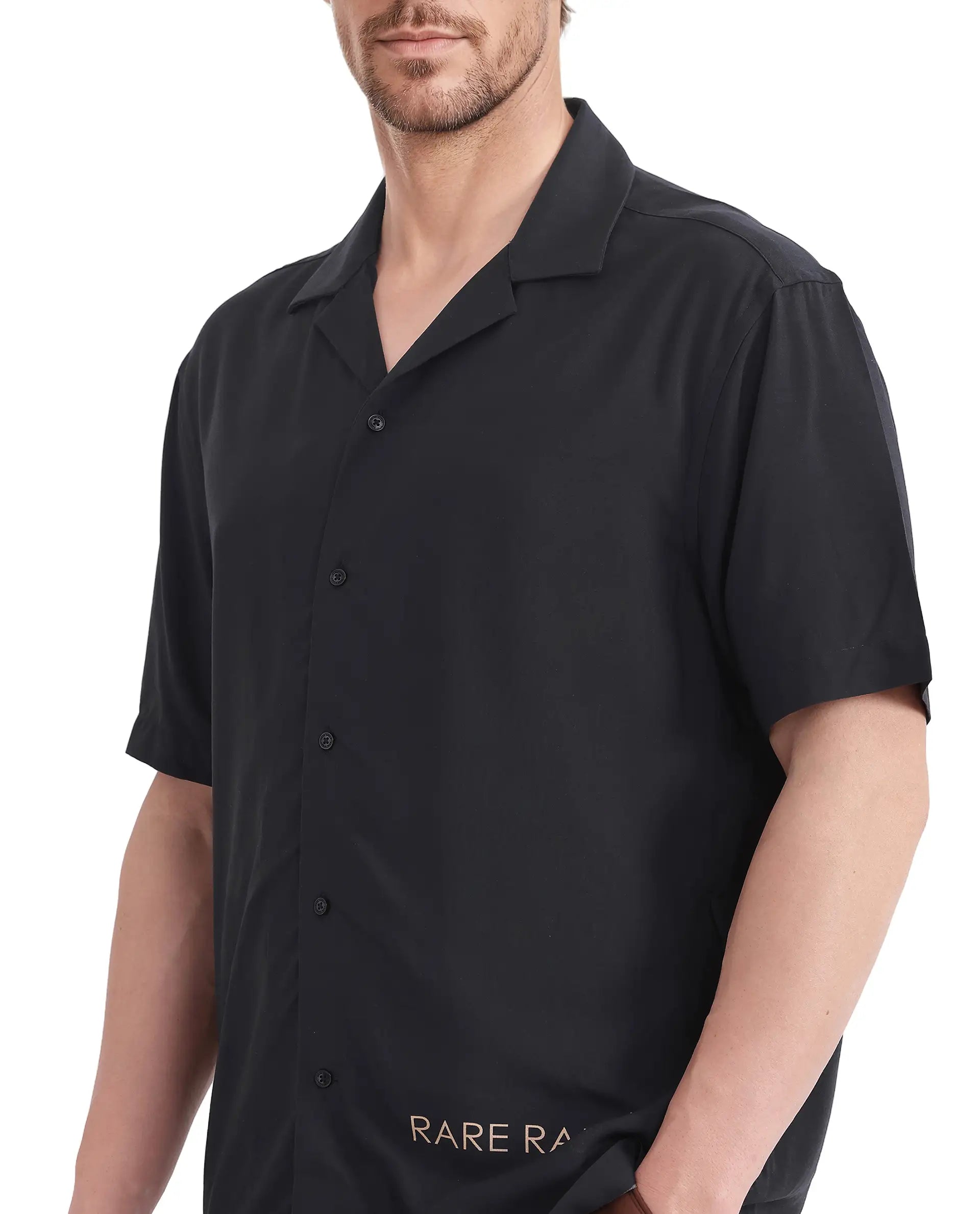 Rare Rabbit Men Thuban Black Cotton Fabric Half Sleeve Cuban Collared Button Closure Floral Print Shirt