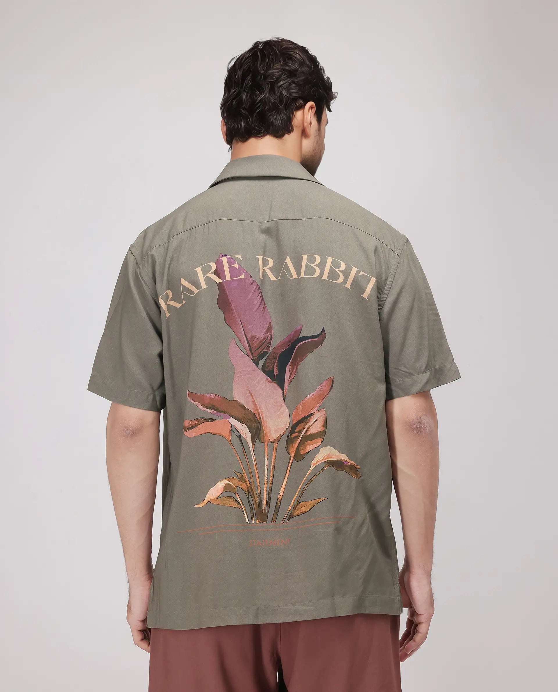 Rare Rabbit Men Thuban Olive Cotton Fabric Full Sleeve Cuban Collar Button Closure Floral Back Print Shirt