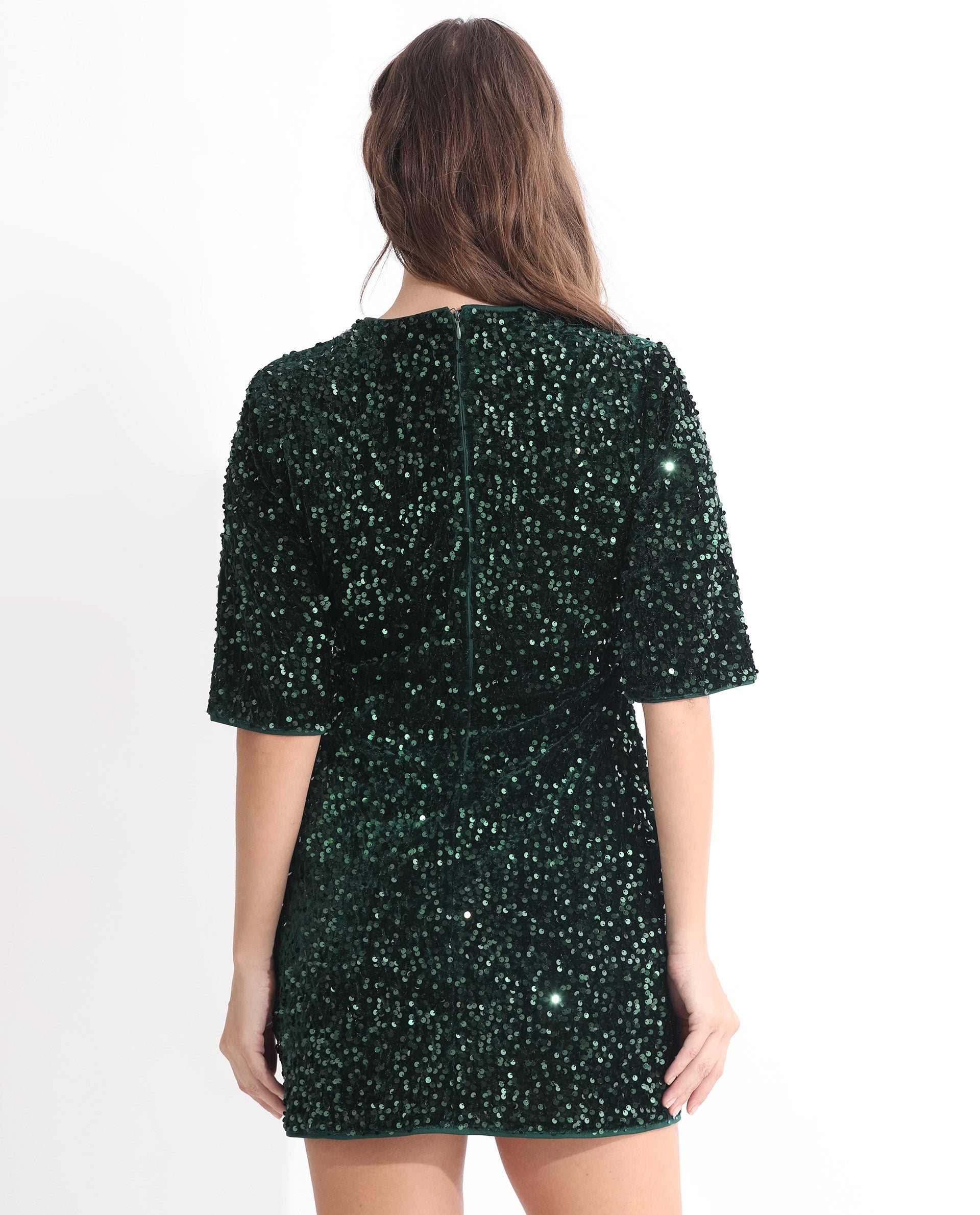 Rareism Women Tiana Sheen Green Sequined Round Neck 3/4 Sleeves And Back Zip Closure Mini Dress