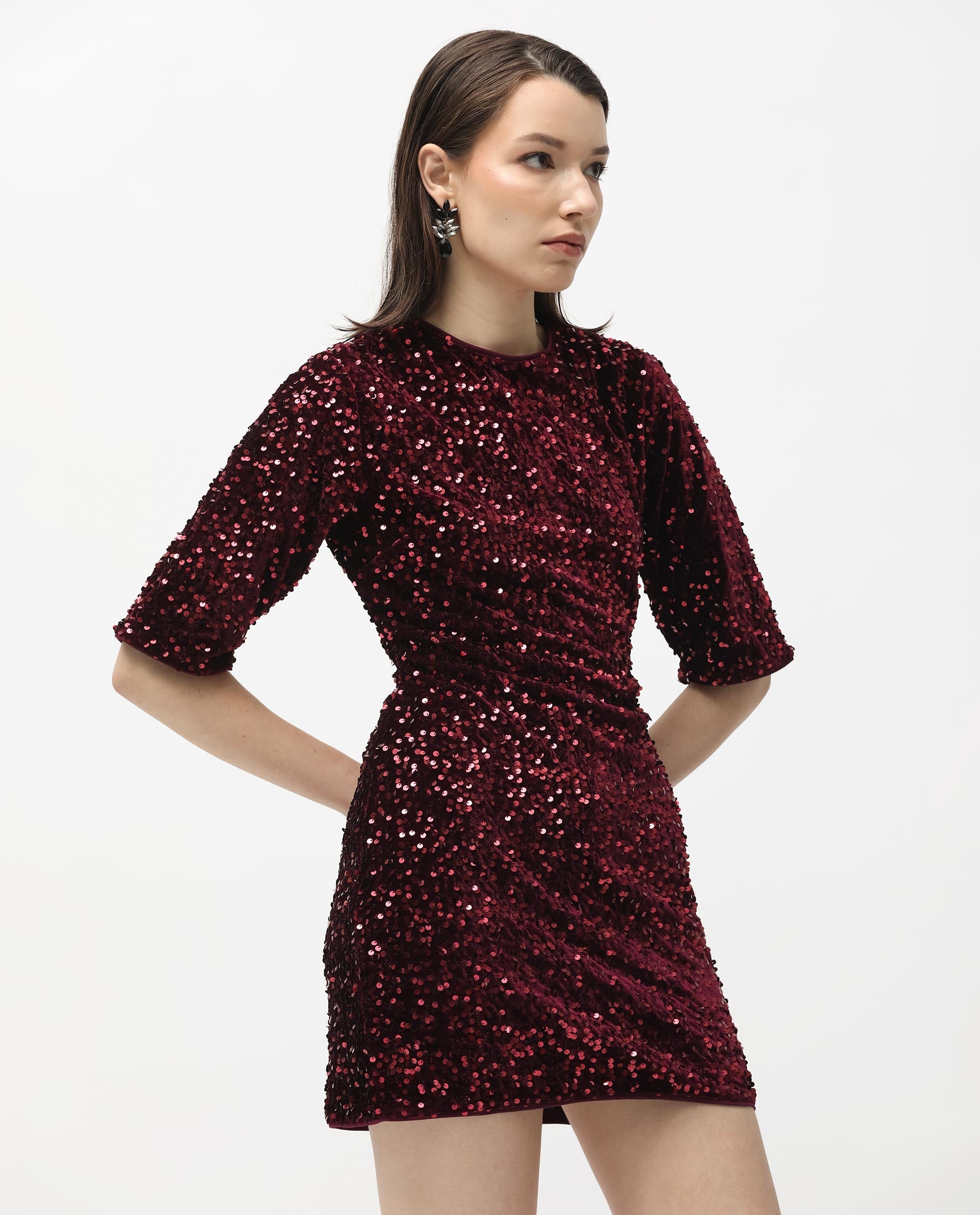 Rareism Women Tiana Sheen Maroon Polyester Fabric 3/4Th Sleeves Zip Closure Round Neck Regular Fit Sequined Short Boxy Dress