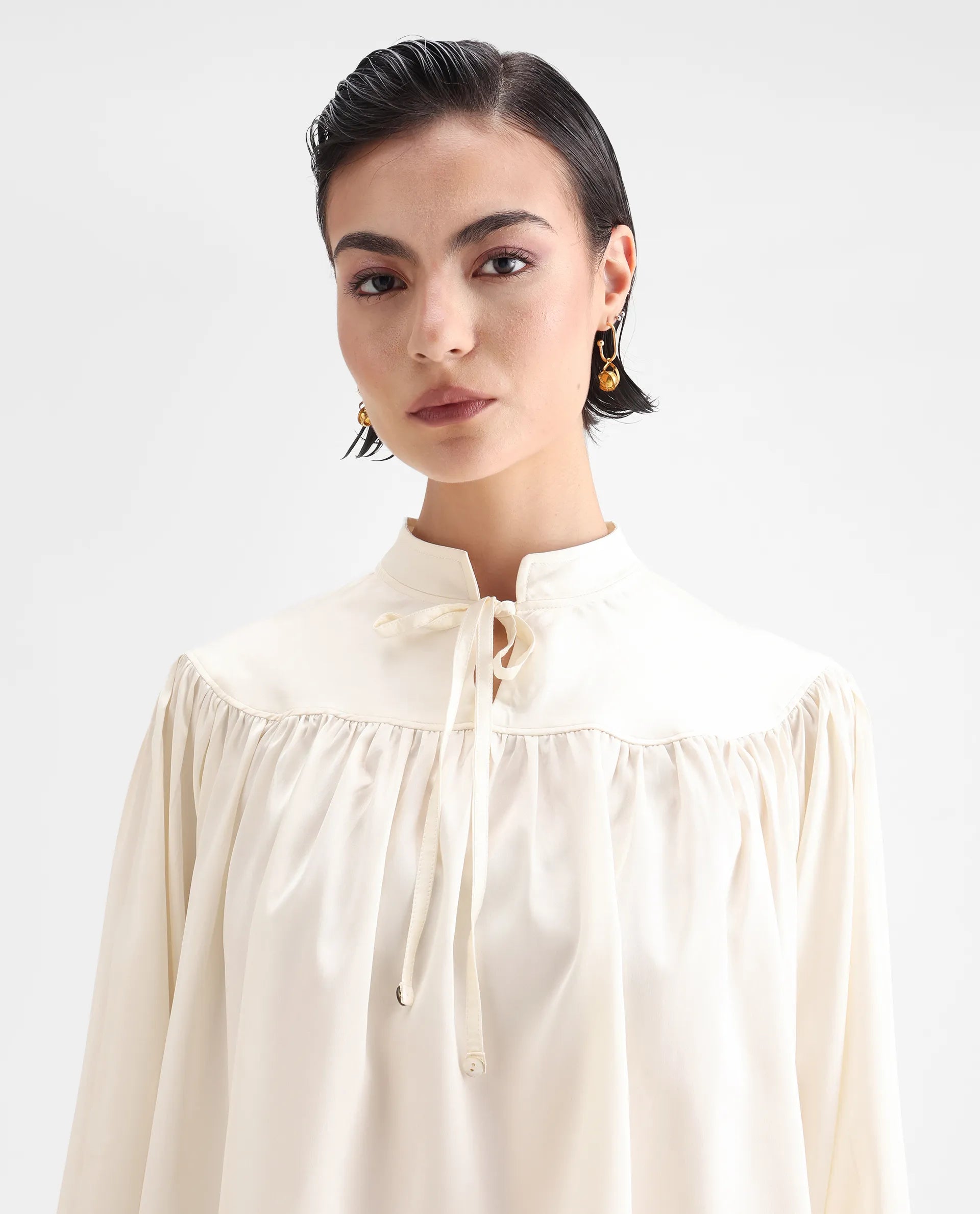 Rareism Women's Tia White Polyester Mandarin Collar Plain Volume Sleeve Relaxed Fit Top