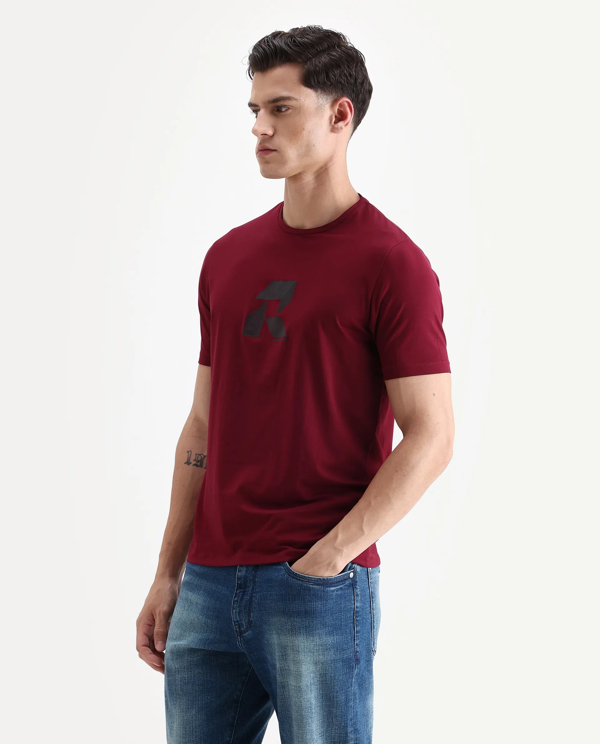 Rare Rabbit Men's Tibo Dark Red Cotton Blend Graphic Print Regular Fit Half Sleeve Crew Neck T-Shirt