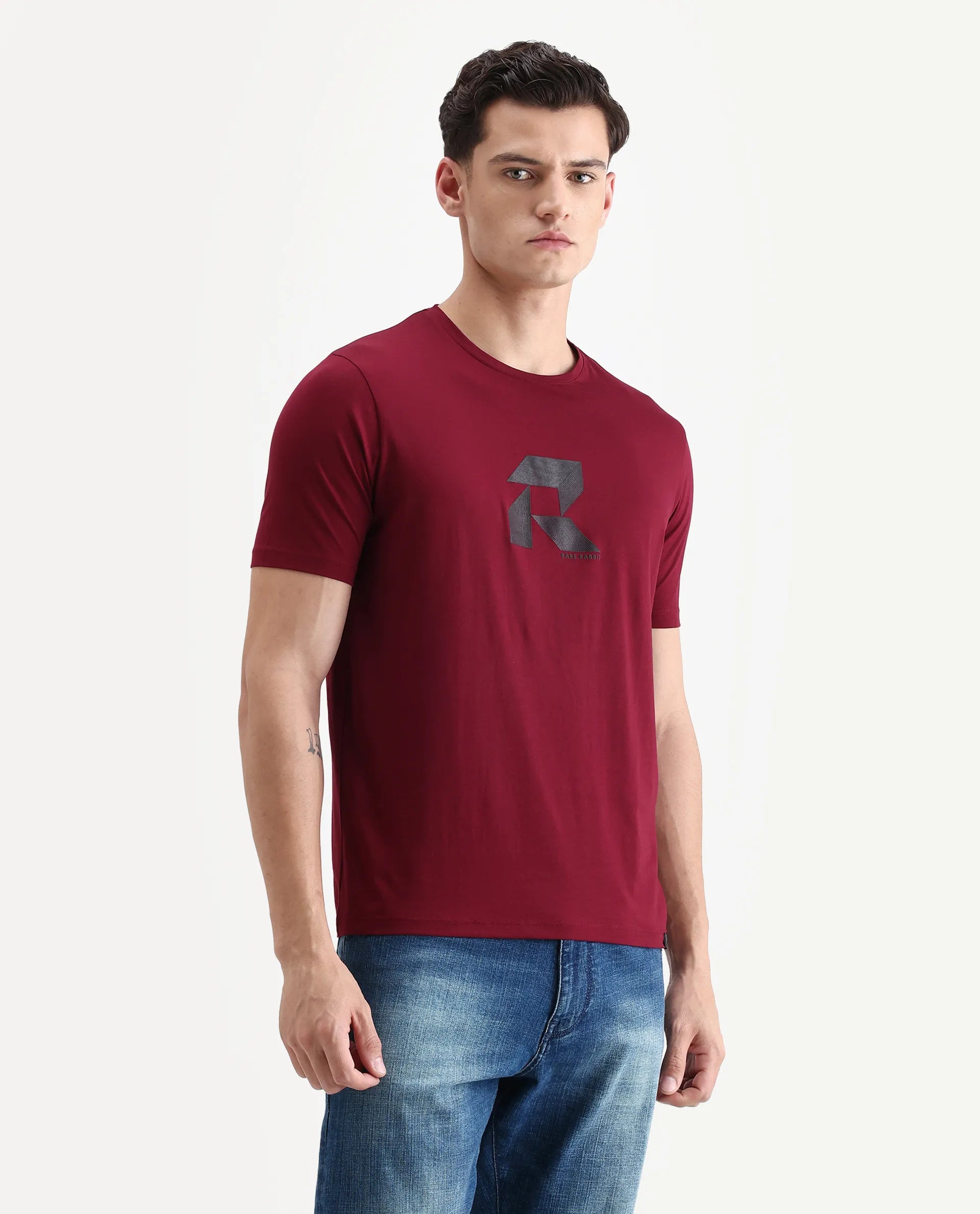 Rare Rabbit Men's Tibo Dark Red Cotton Blend Graphic Print Regular Fit Half Sleeve Crew Neck T-Shirt