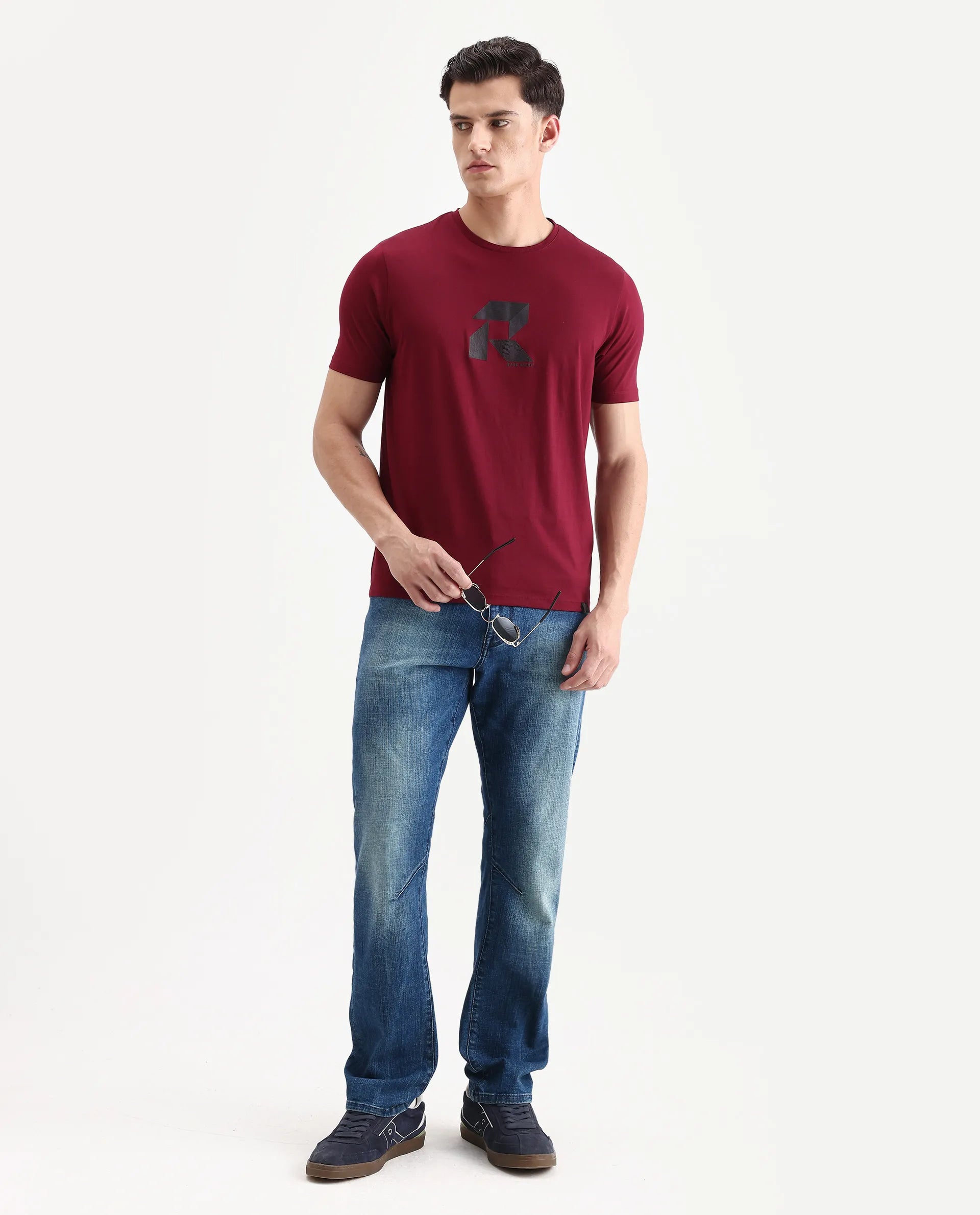 Rare Rabbit Men's Tibo Dark Red Cotton Blend Graphic Print Regular Fit Half Sleeve Crew Neck T-Shirt