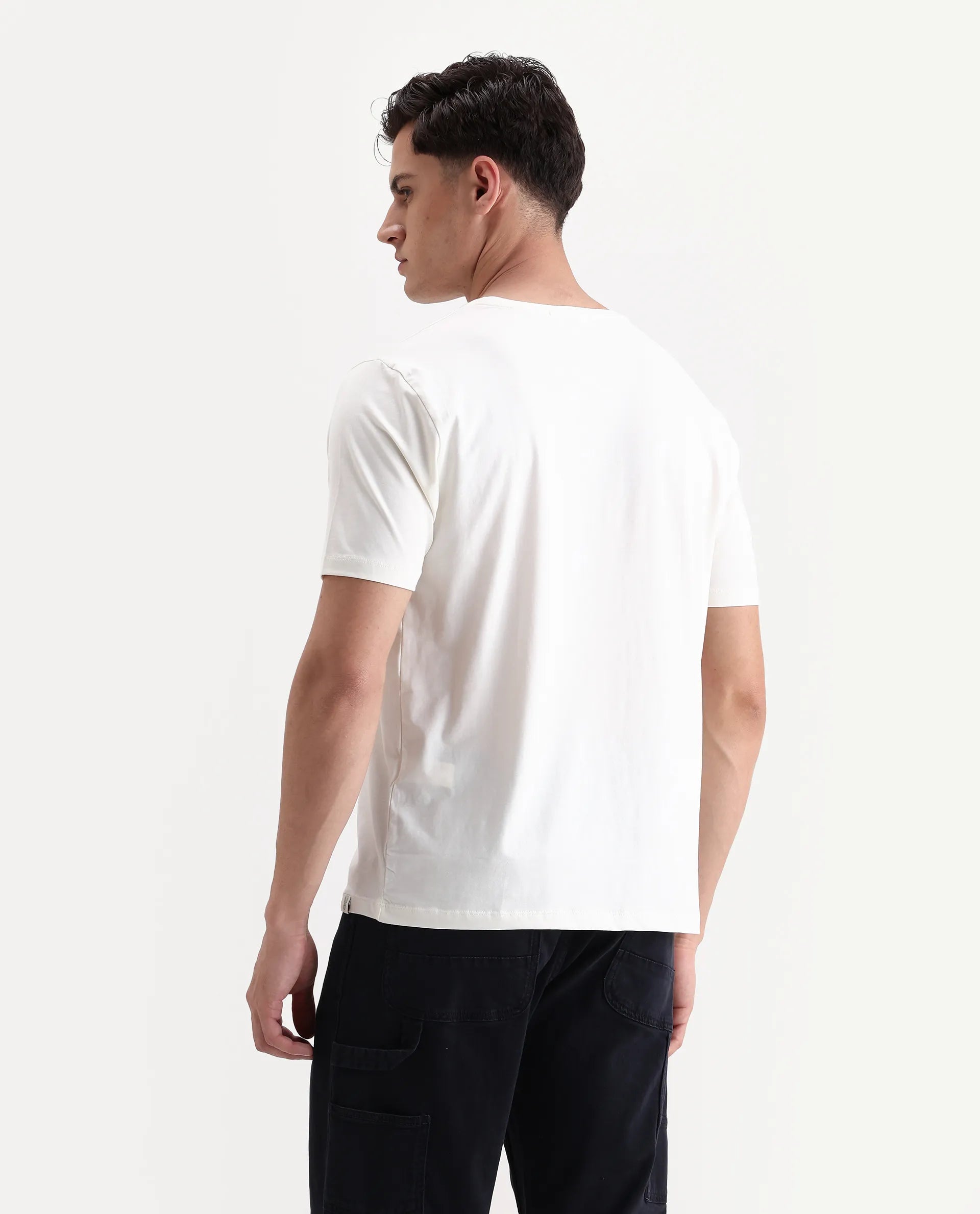 Rare Rabbit Men's Tibo Off White Cotton Blend Graphic Print Regular Fit Half Sleeve Crew Neck T-Shirt