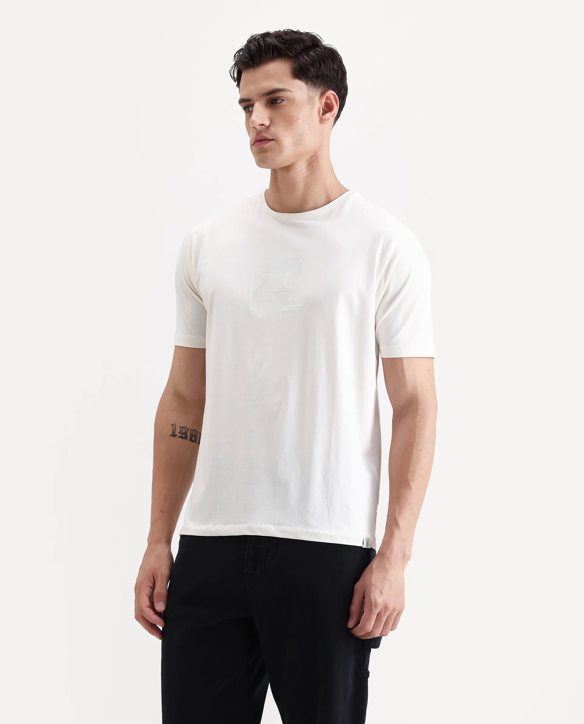 Rare Rabbit Men's Tibo Off White Cotton Blend Graphic Print Regular Fit Half Sleeve Crew Neck T-Shirt