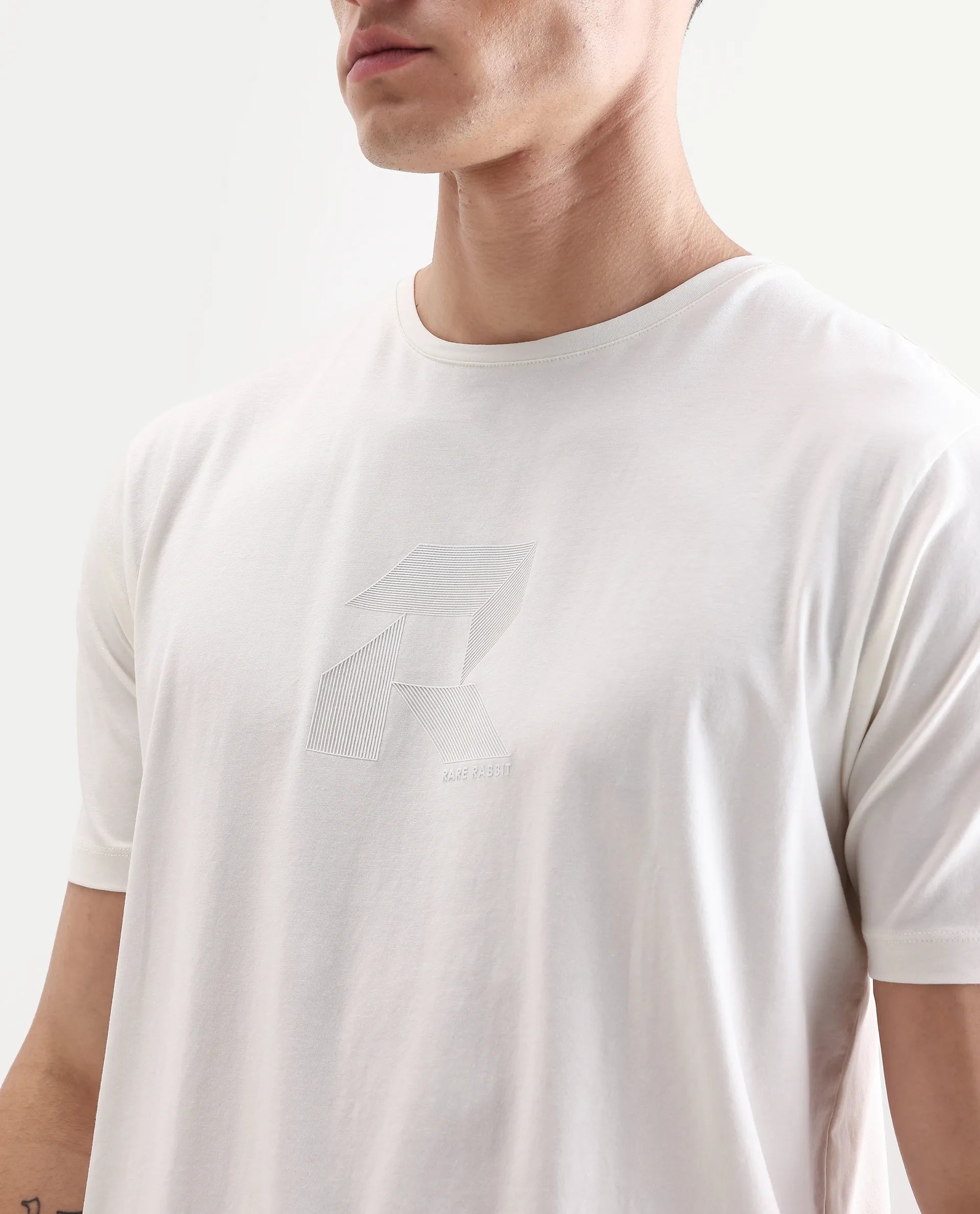Rare Rabbit Men's Tibo Off White Cotton Blend Graphic Print Regular Fit Half Sleeve Crew Neck T-Shirt