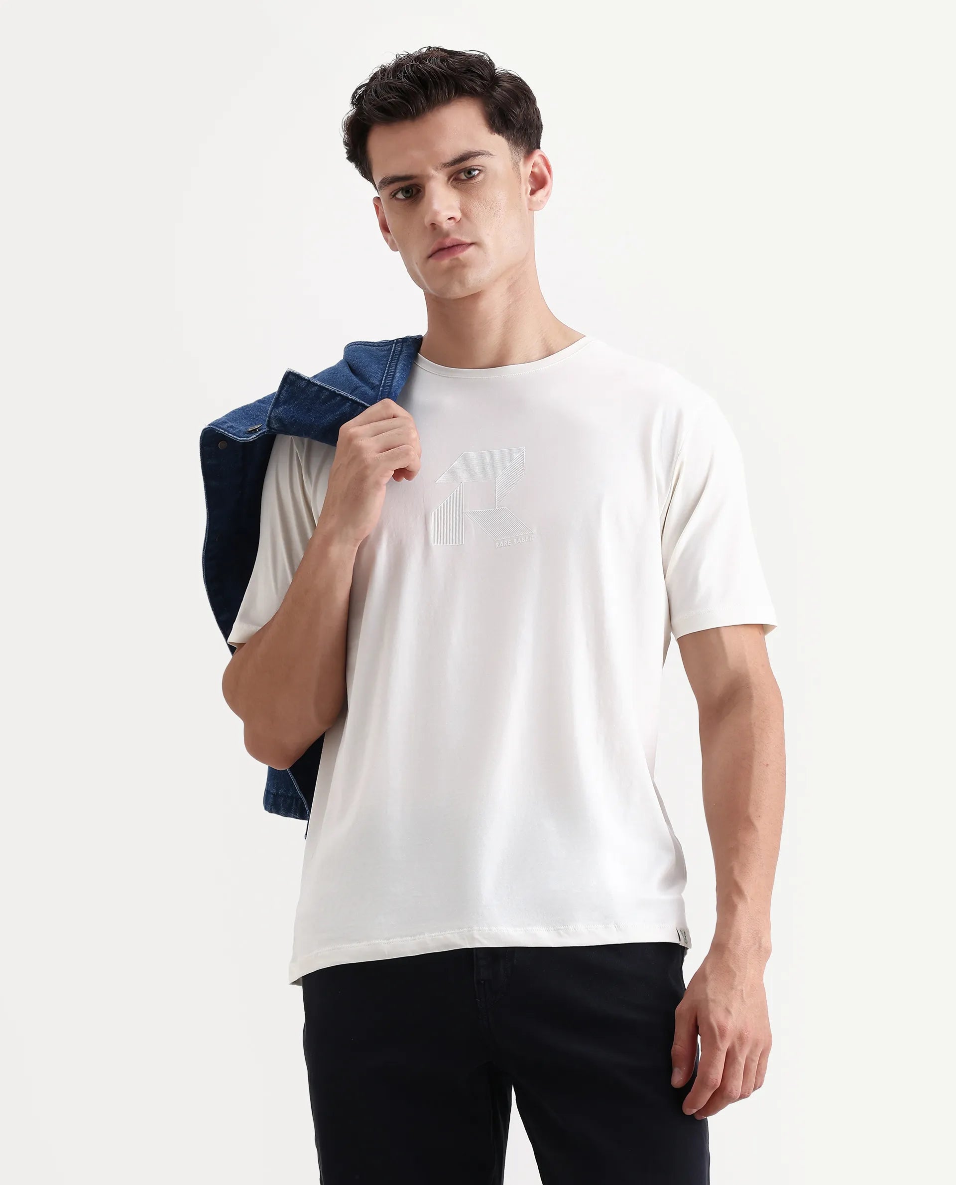 Rare Rabbit Men's Tibo Off White Cotton Blend Graphic Print Regular Fit Half Sleeve Crew Neck T-Shirt
