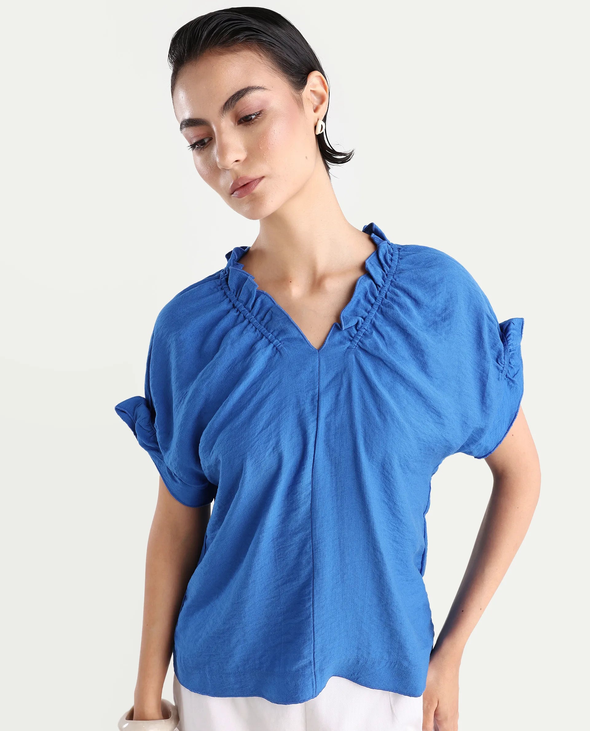Rareism Women's Tichi Blue Viscose Blend V-Neck Plain Extended Sleeves Regular Fit Top