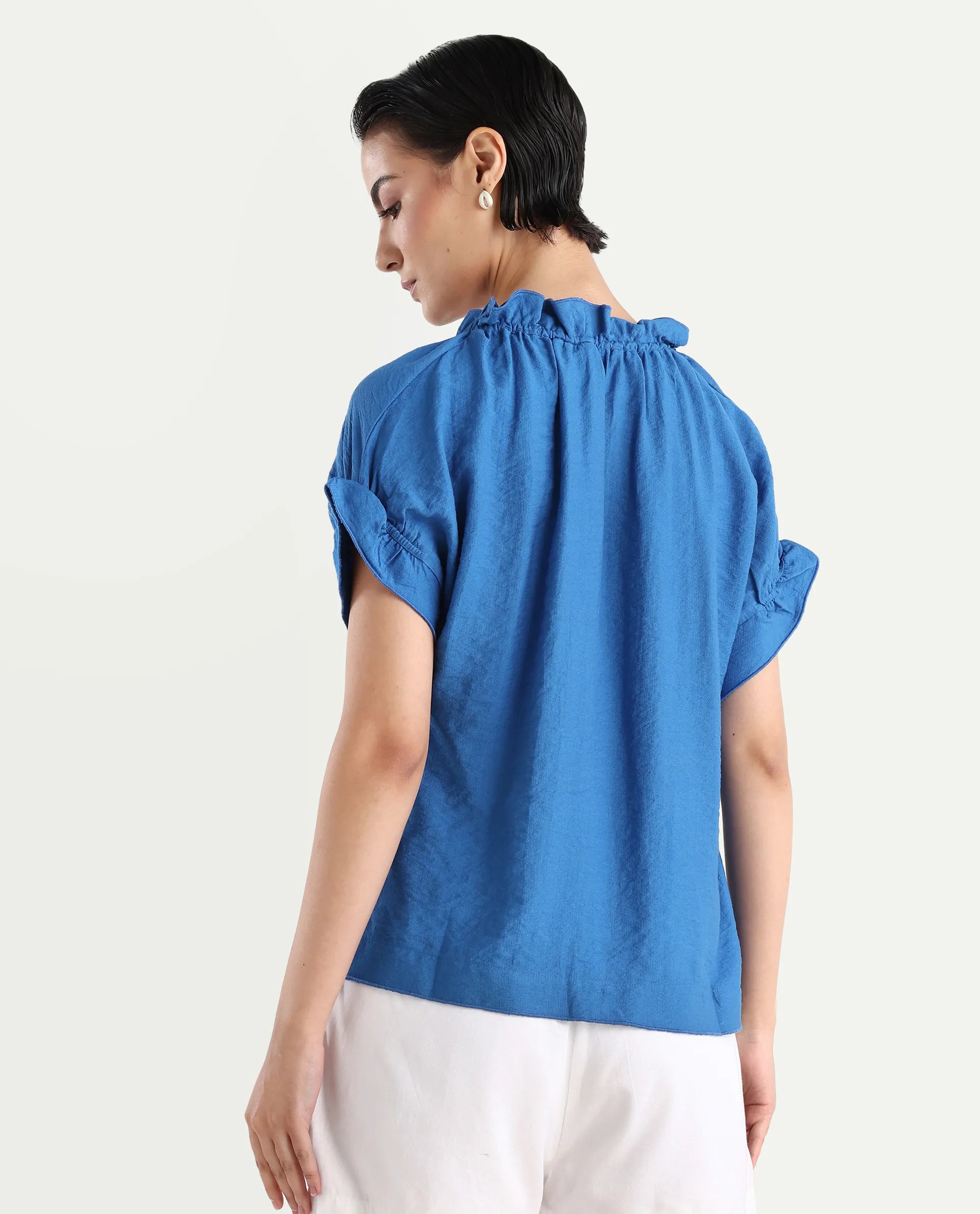 Rareism Women's Tichi Blue Viscose Blend V-Neck Plain Extended Sleeves Regular Fit Top