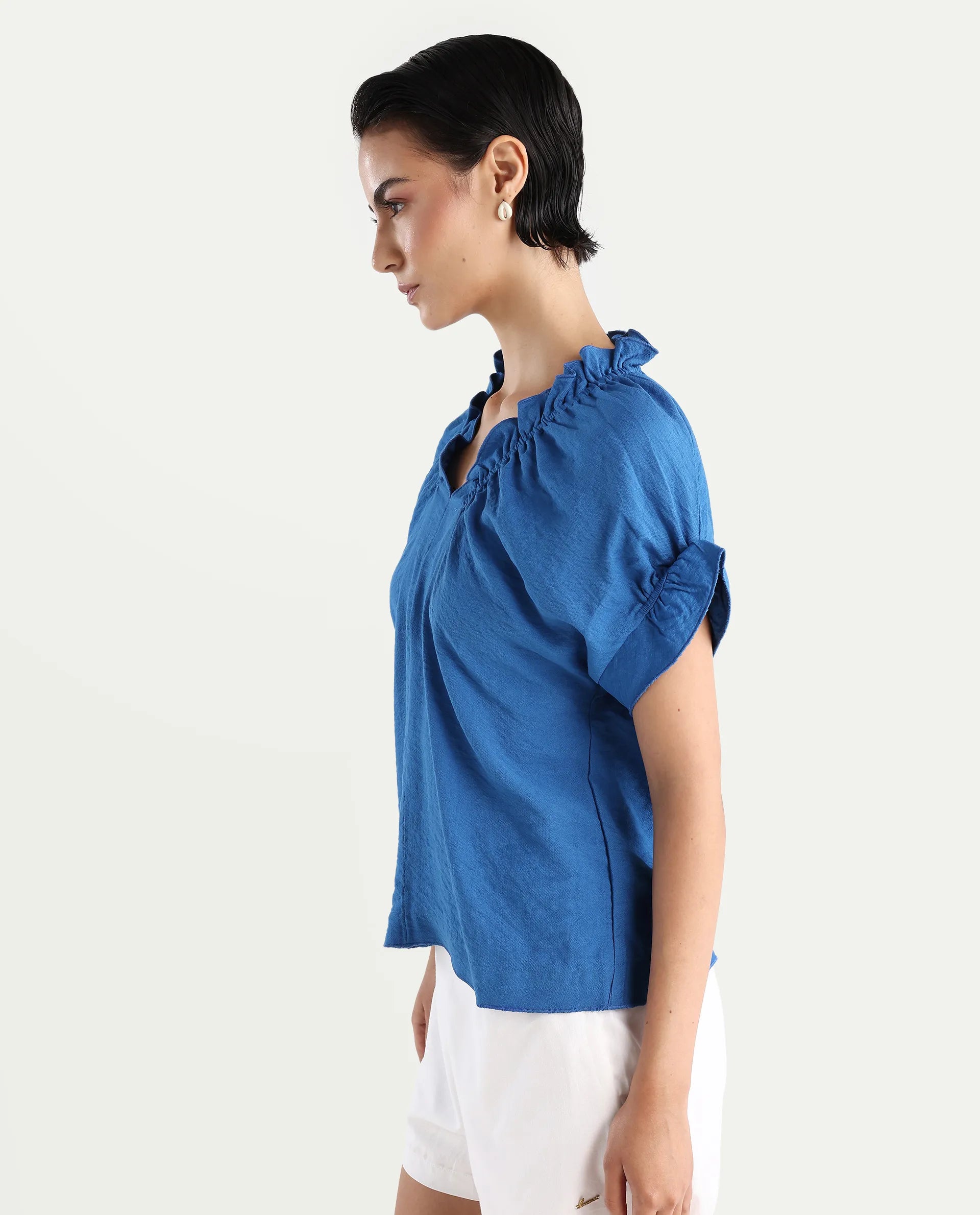 Rareism Women's Tichi Blue Viscose Blend V-Neck Plain Extended Sleeves Regular Fit Top