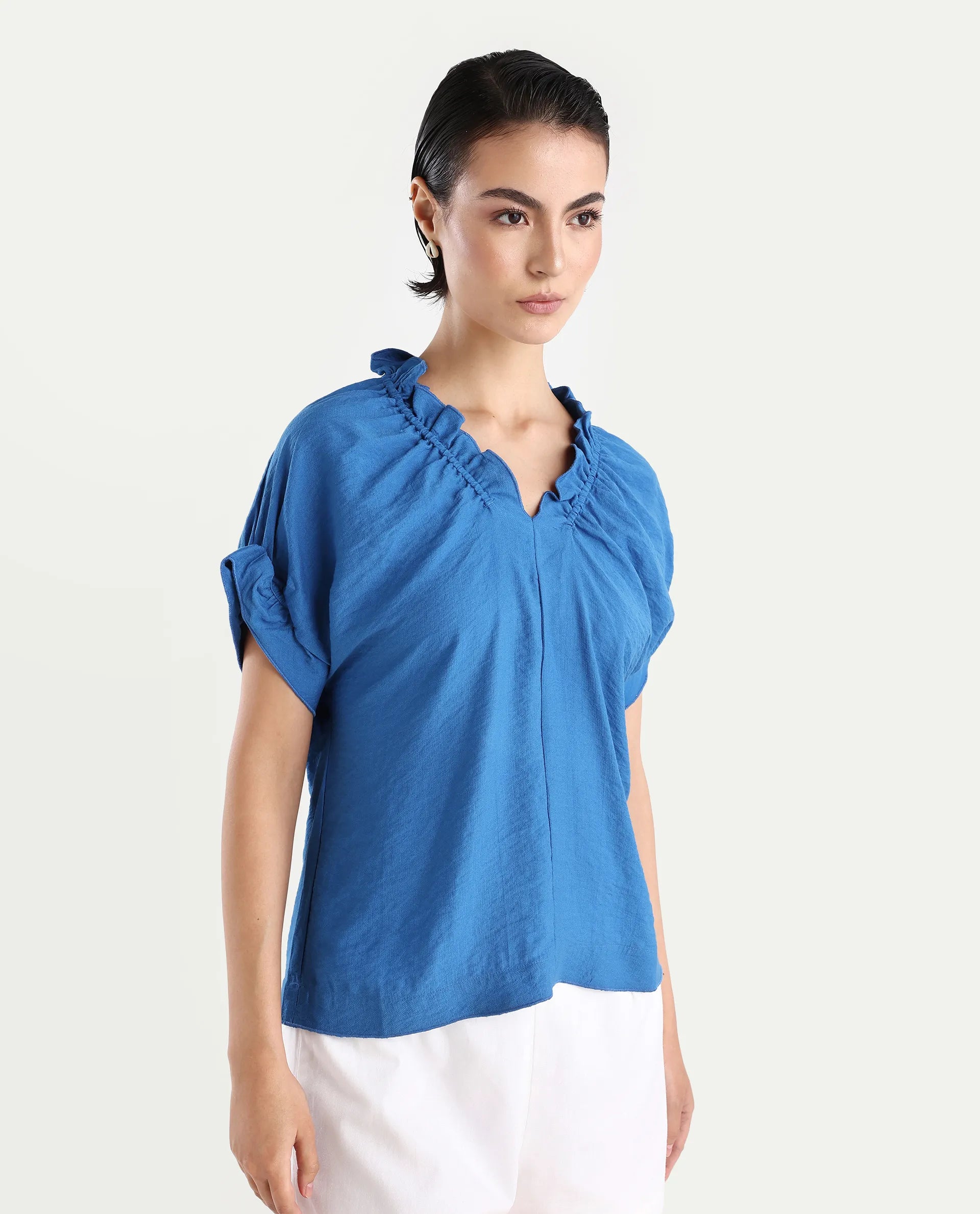Rareism Women's Tichi Blue Viscose Blend V-Neck Plain Extended Sleeves Regular Fit Top