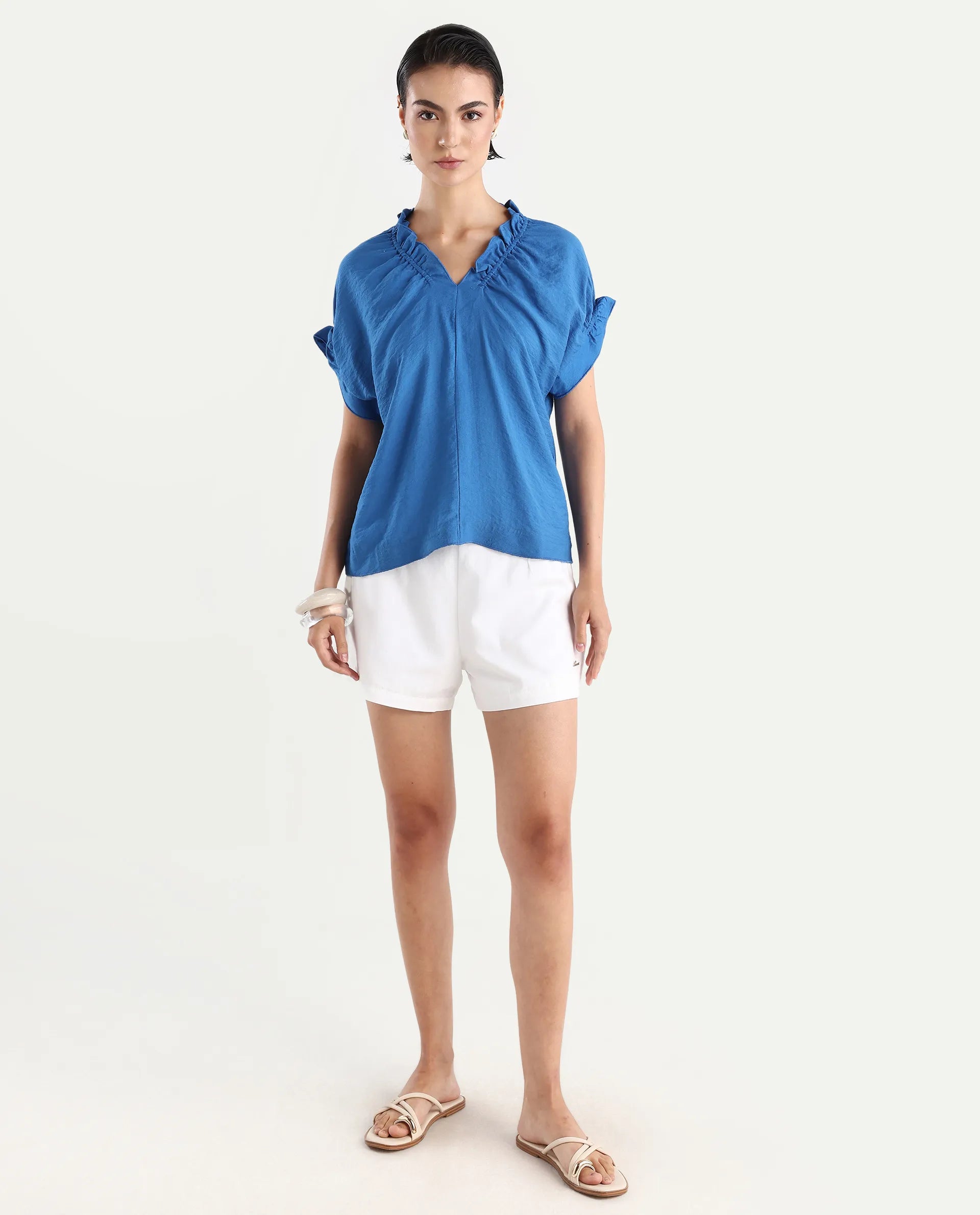 Rareism Women's Tichi Blue Viscose Blend V-Neck Plain Extended Sleeves Regular Fit Top