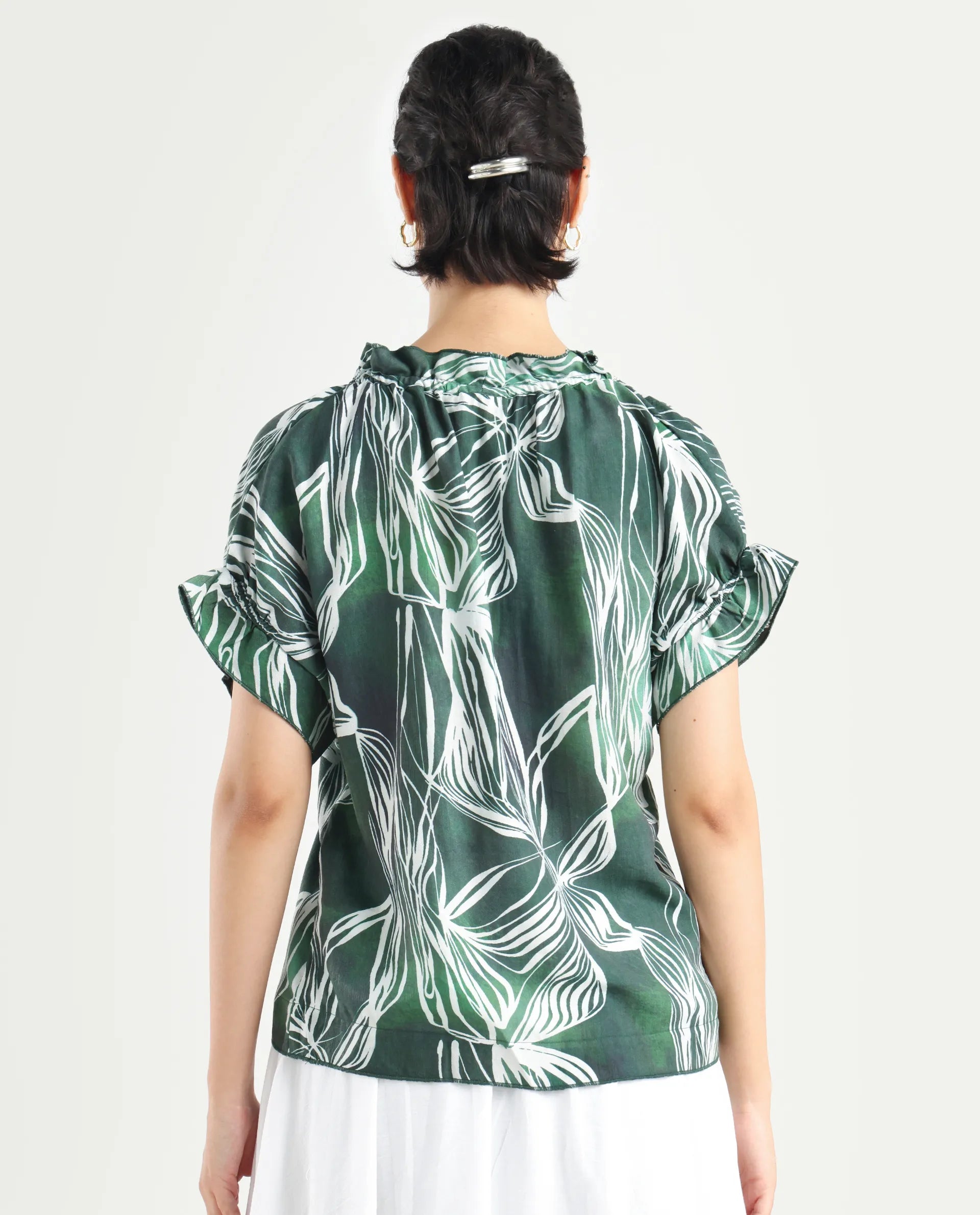 Rareism Women's Tichin Green Viscose Blend V-Neck Abstract Print Extended Sleeves Regular Fit Top