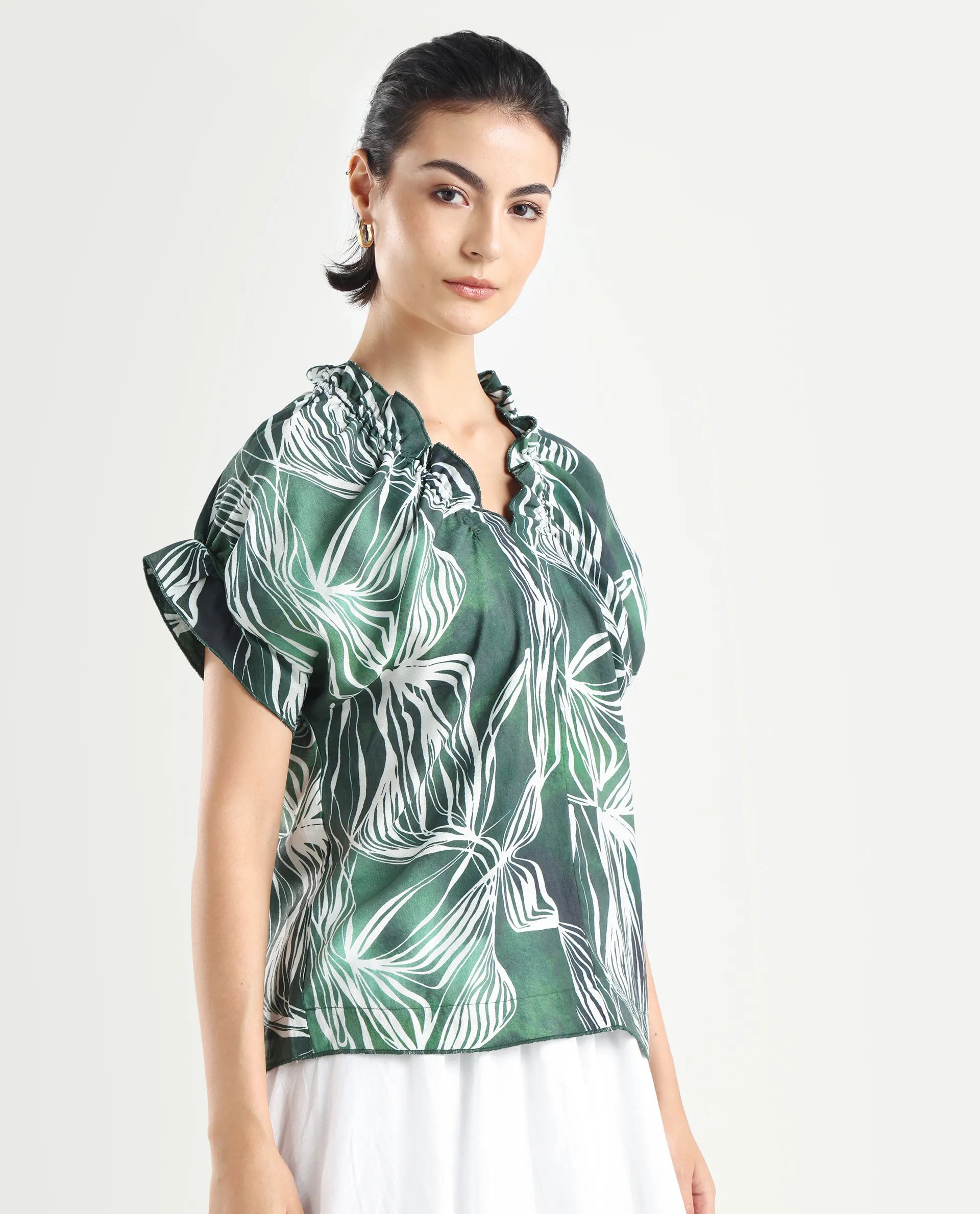 Rareism Women's Tichin Green Viscose Blend V-Neck Abstract Print Extended Sleeves Regular Fit Top