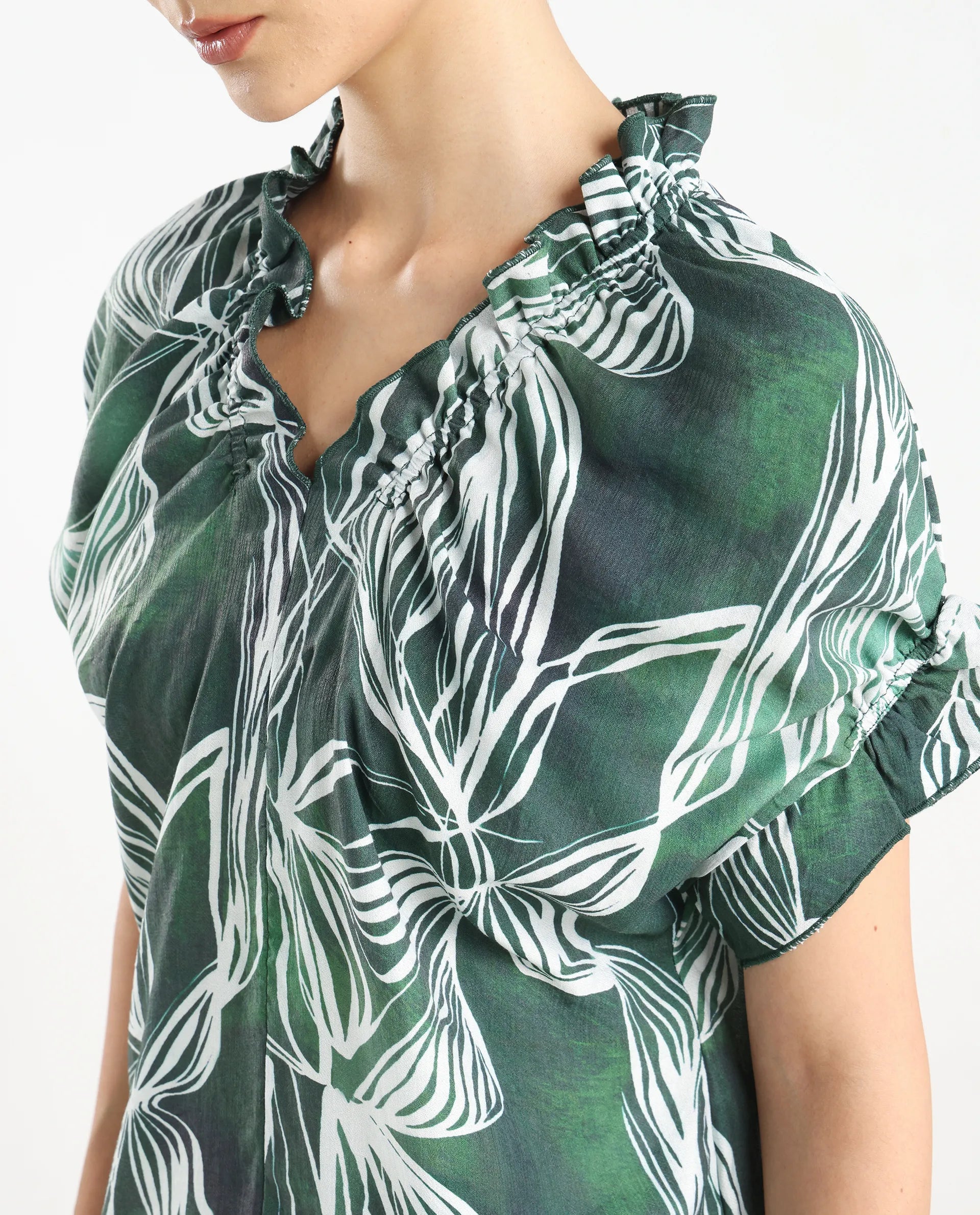 Rareism Women's Tichin Green Viscose Blend V-Neck Abstract Print Extended Sleeves Regular Fit Top