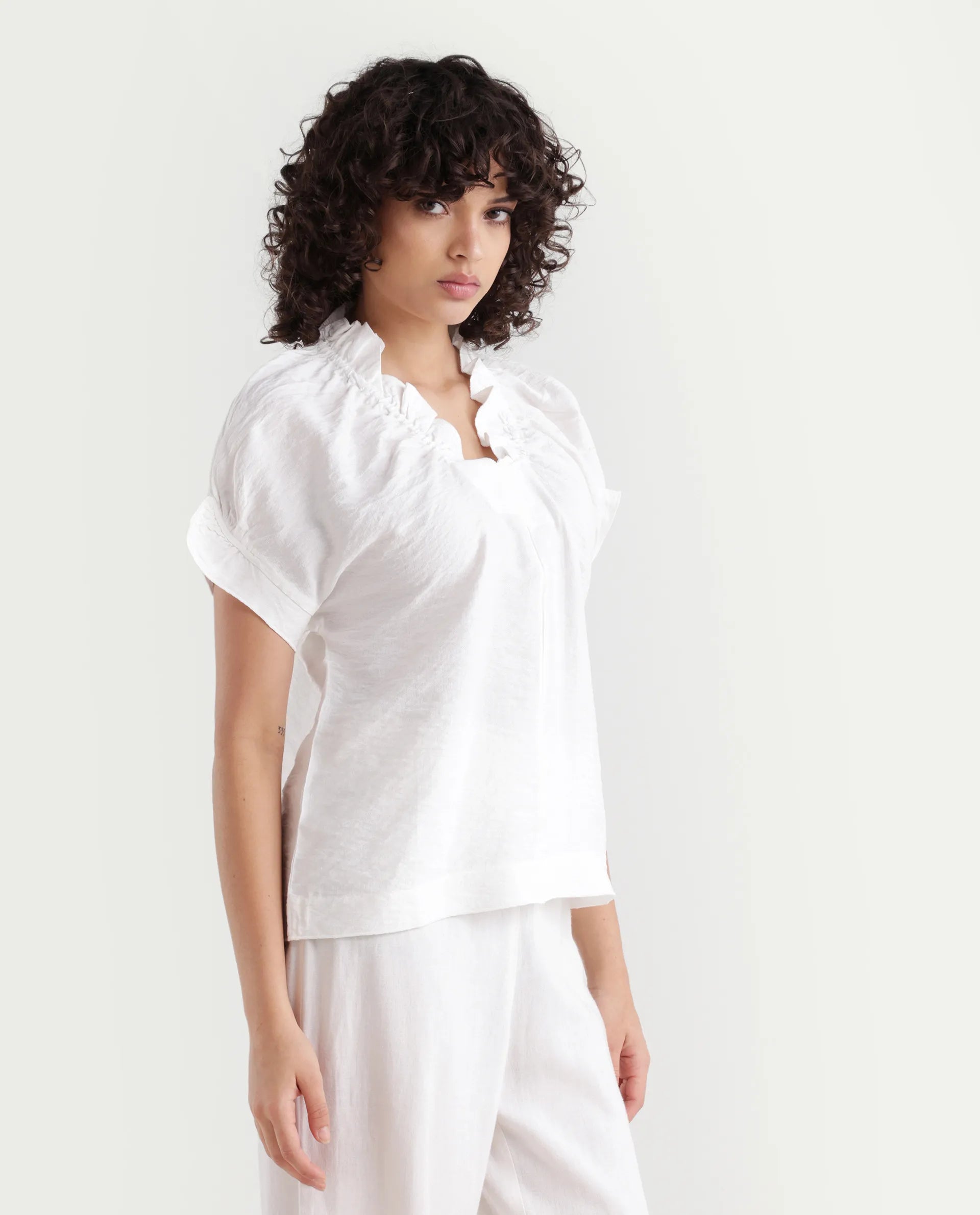 Rareism Women's Tichi White Viscose Blend V-Neck Plain Extended Sleeves Regular Fit Top