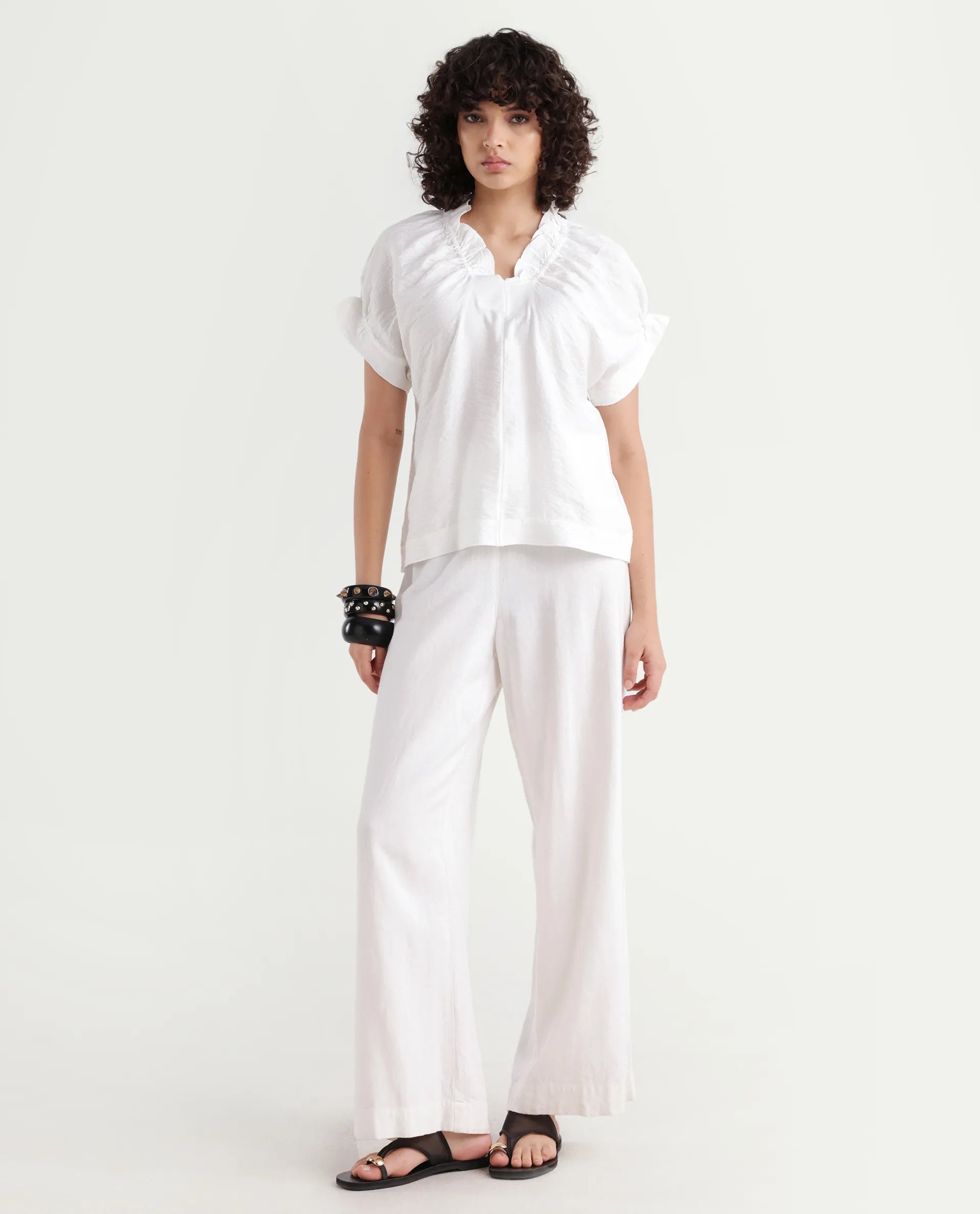 Rareism Women's Tichi White Viscose Blend V-Neck Plain Extended Sleeves Regular Fit Top