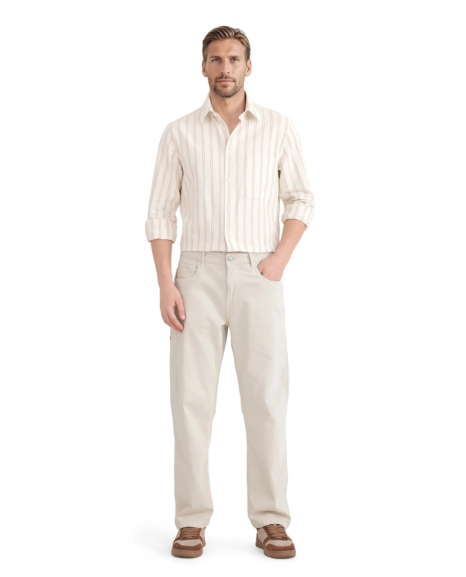 Rare Rabbit Men's Tickob Beige Cotton Fabric Full Sleeve Regular Collared Stripe Print Shirt