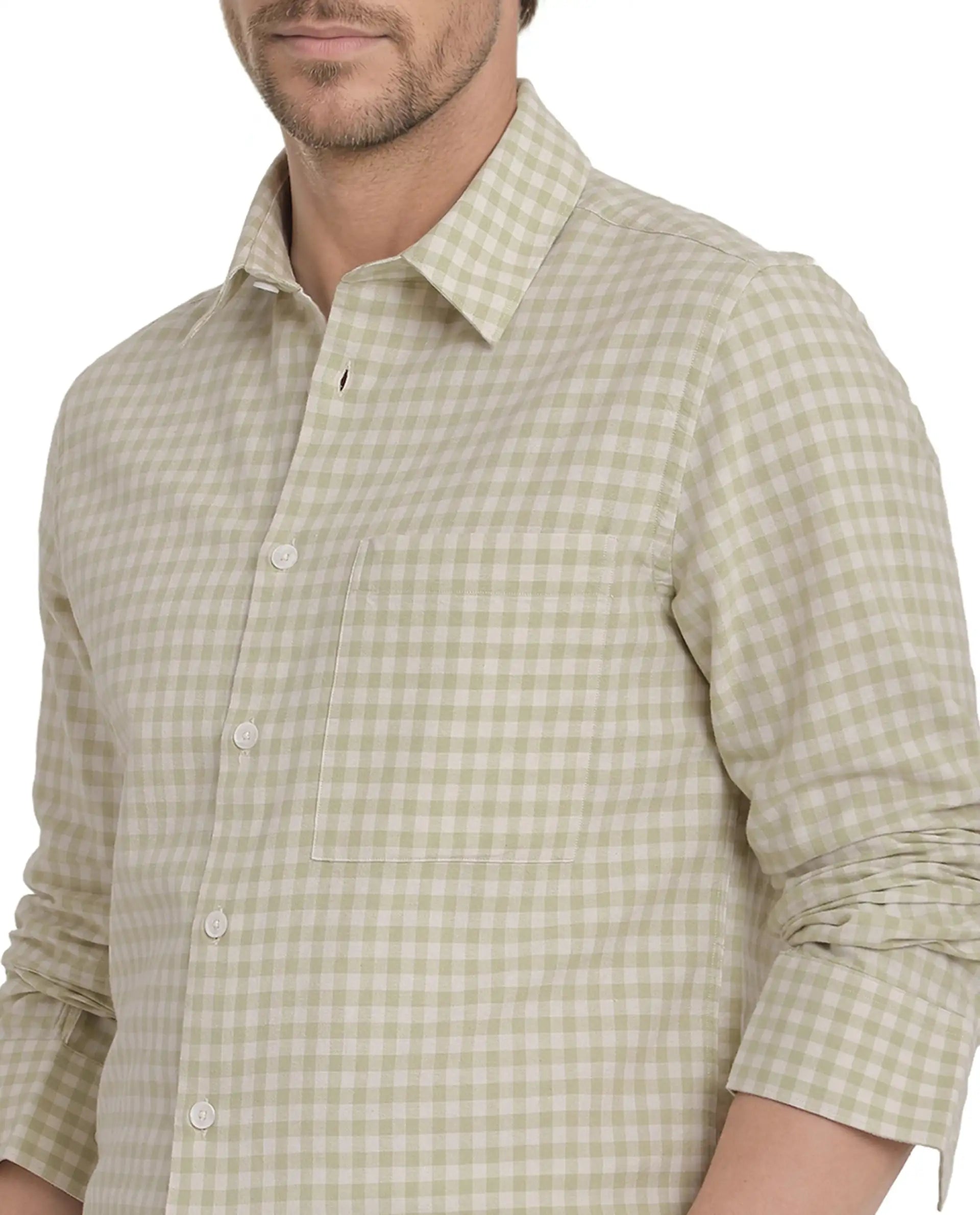 Rare Rabbit Men's Tickog Pastel Green Cotton Fabric Full Sleeve Regular Collared Button Closure Gingham Check Print Shirt