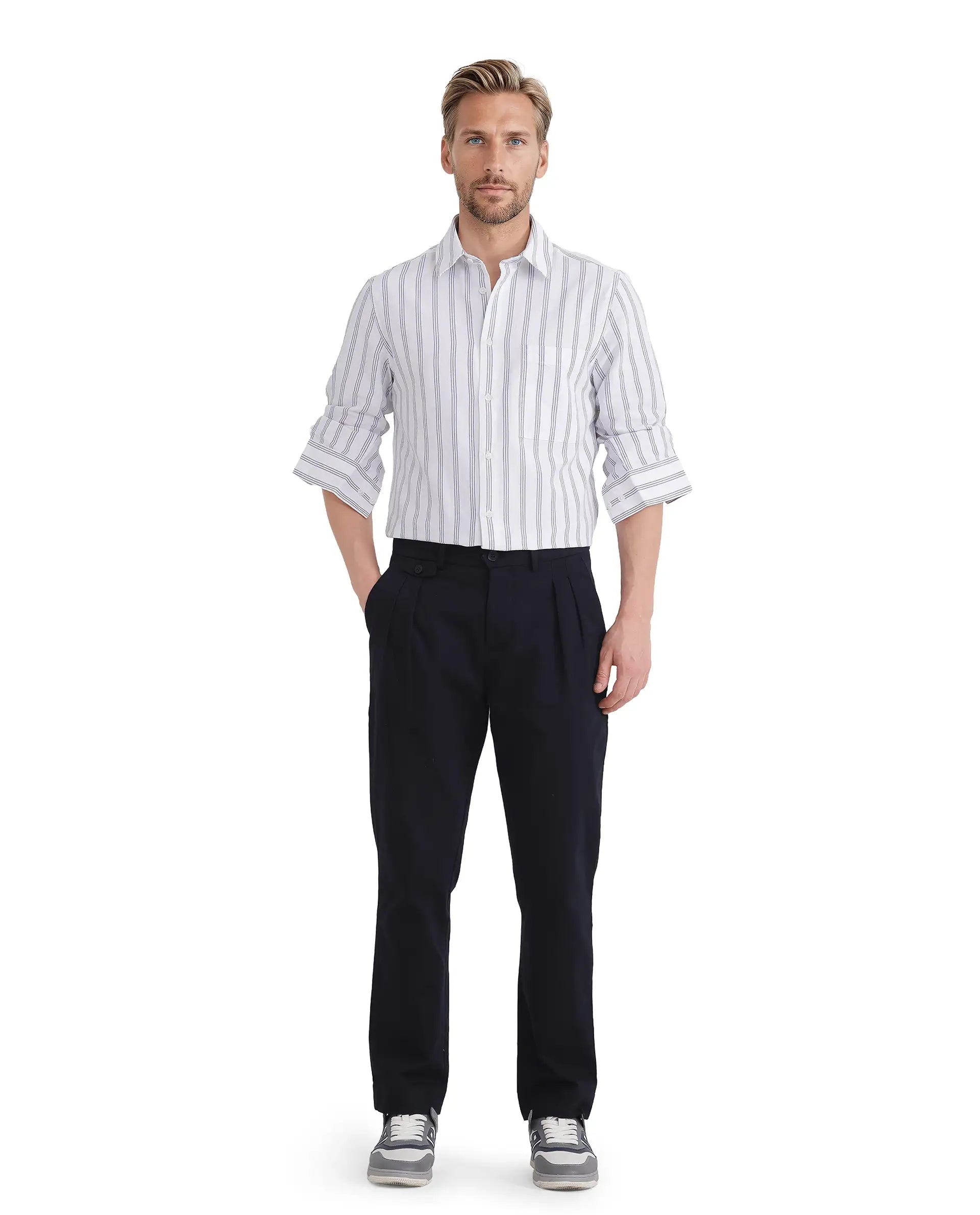 Rare Rabbit Men's Tickol White Cotton Fabric Full Sleeve Stripe Printed Shirt