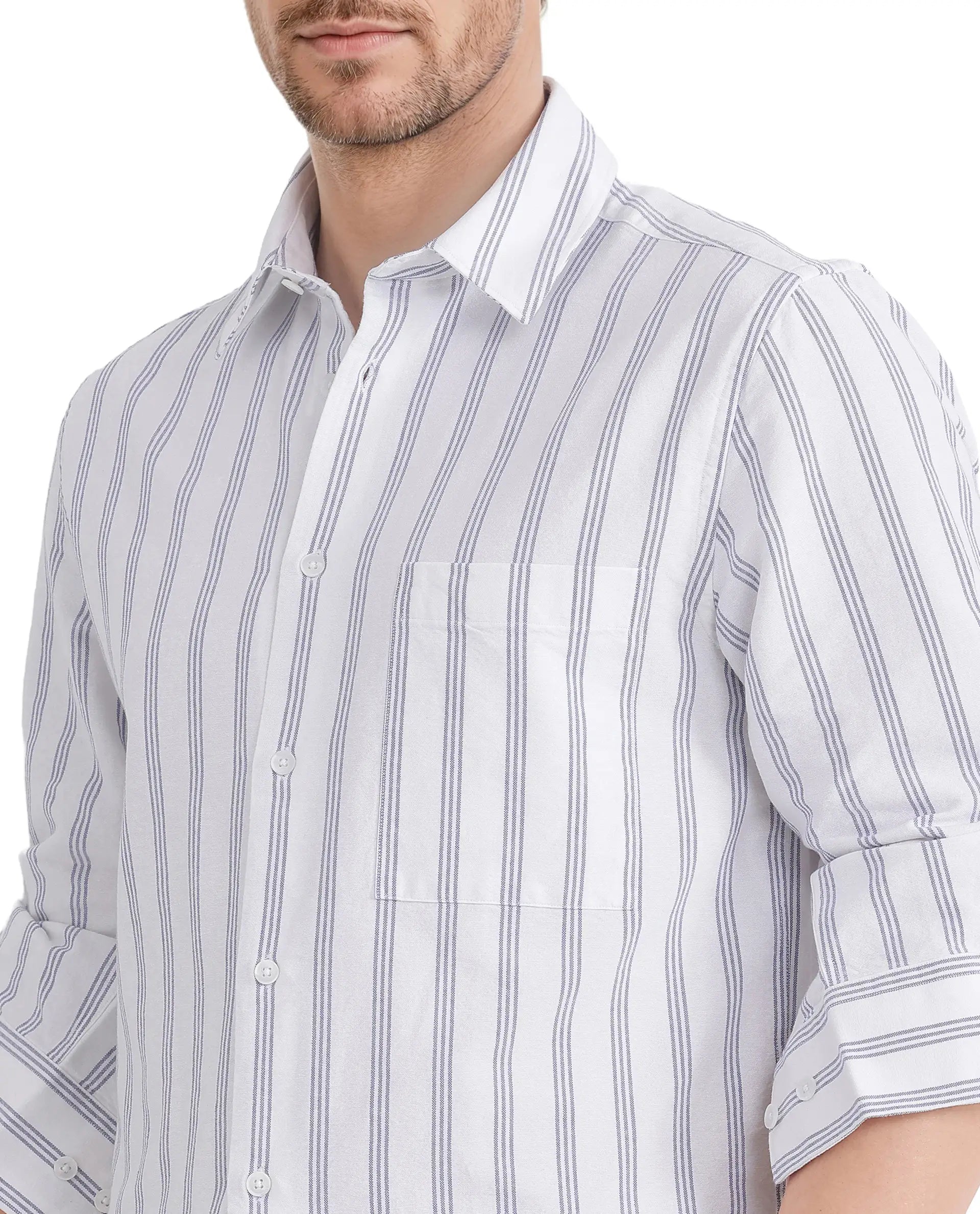 Rare Rabbit Men's Tickol White Cotton Fabric Full Sleeve Stripe Printed Shirt