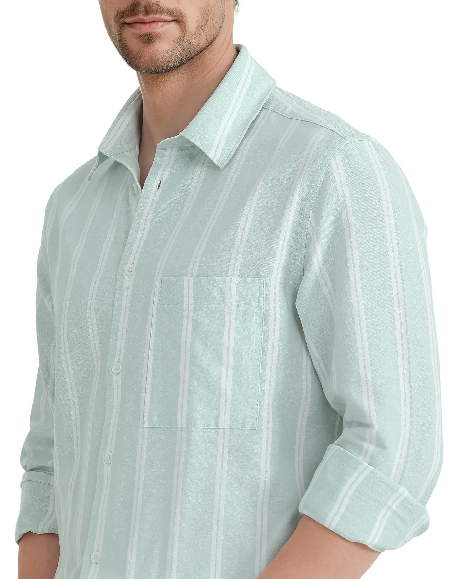 Rare Rabbit Men's Ticko Pastel Green Cotton Fabric Full Sleeve Regular Collared Button Closure Striped Shirt