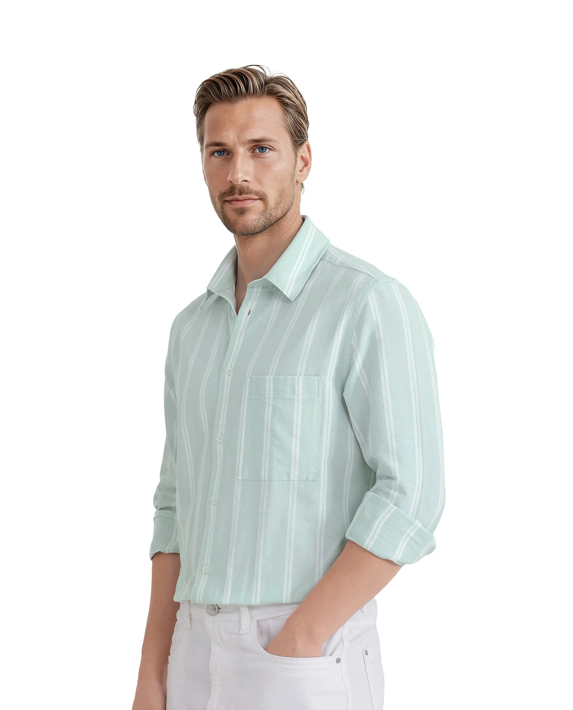 Rare Rabbit Men's Ticko Pastel Green Cotton Fabric Full Sleeve Regular Collared Button Closure Striped Shirt