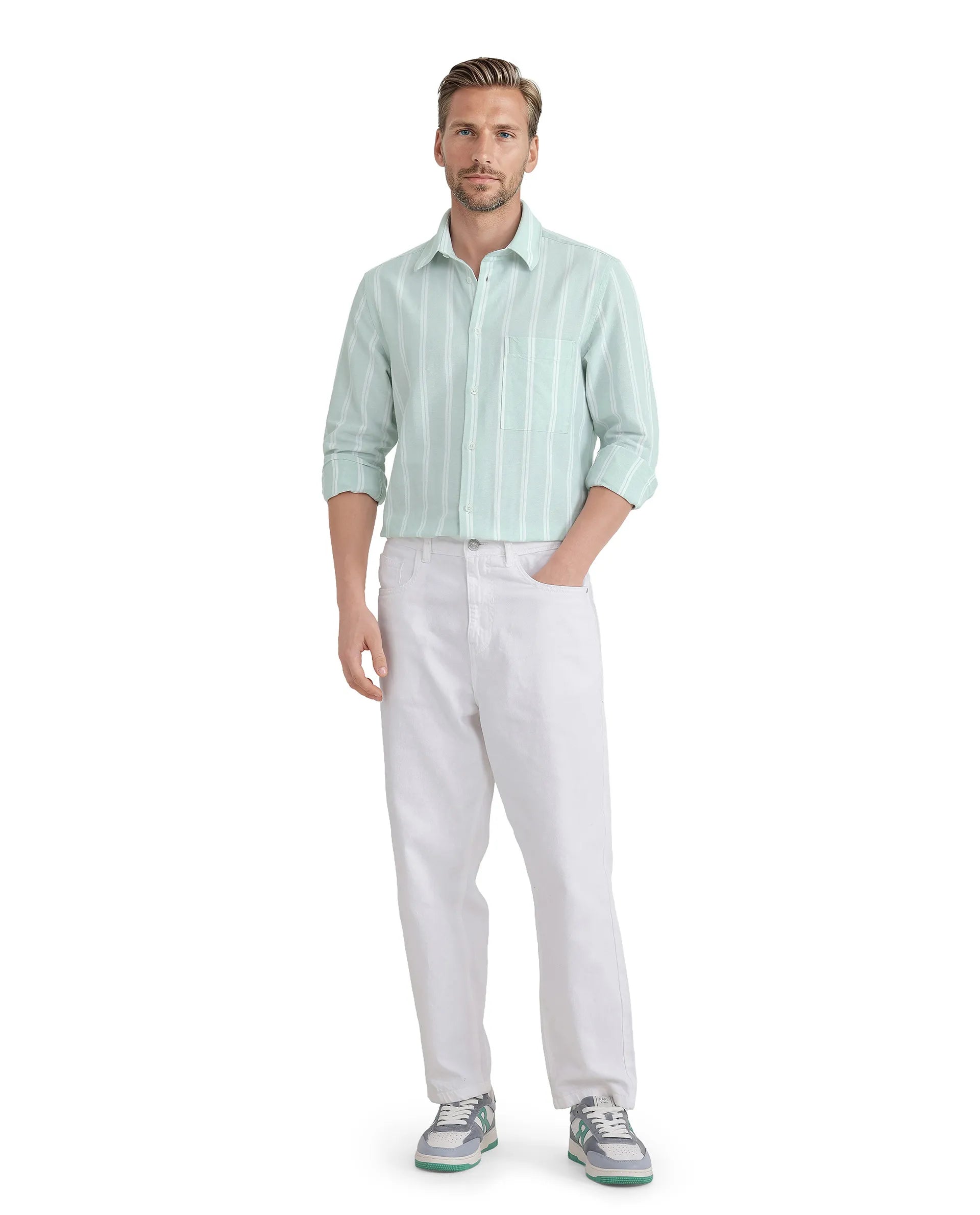 Rare Rabbit Men's Ticko Pastel Green Cotton Fabric Full Sleeve Regular Collared Button Closure Striped Shirt