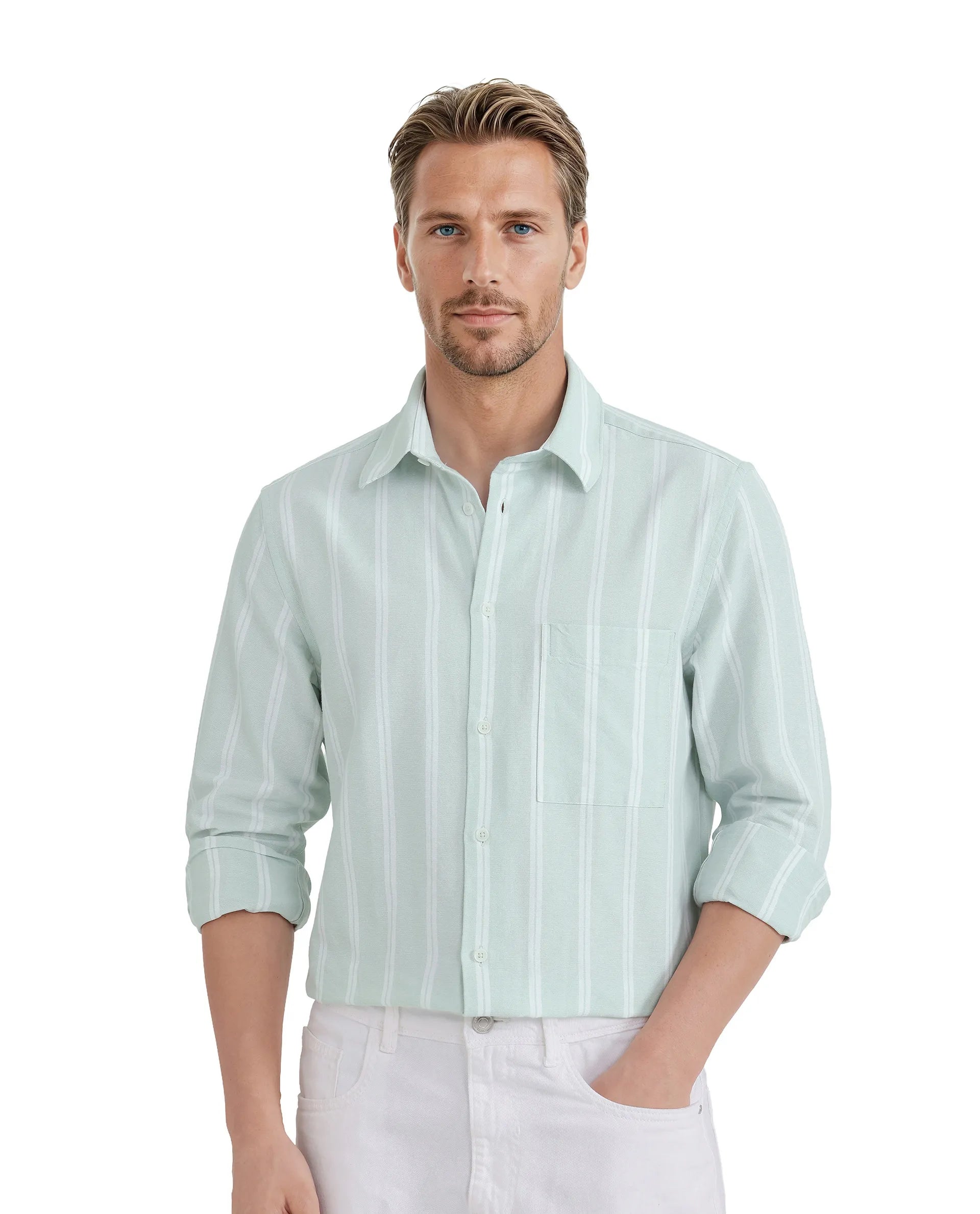Rare Rabbit Men's Ticko Pastel Green Cotton Fabric Full Sleeve Regular Collared Button Closure Striped Shirt