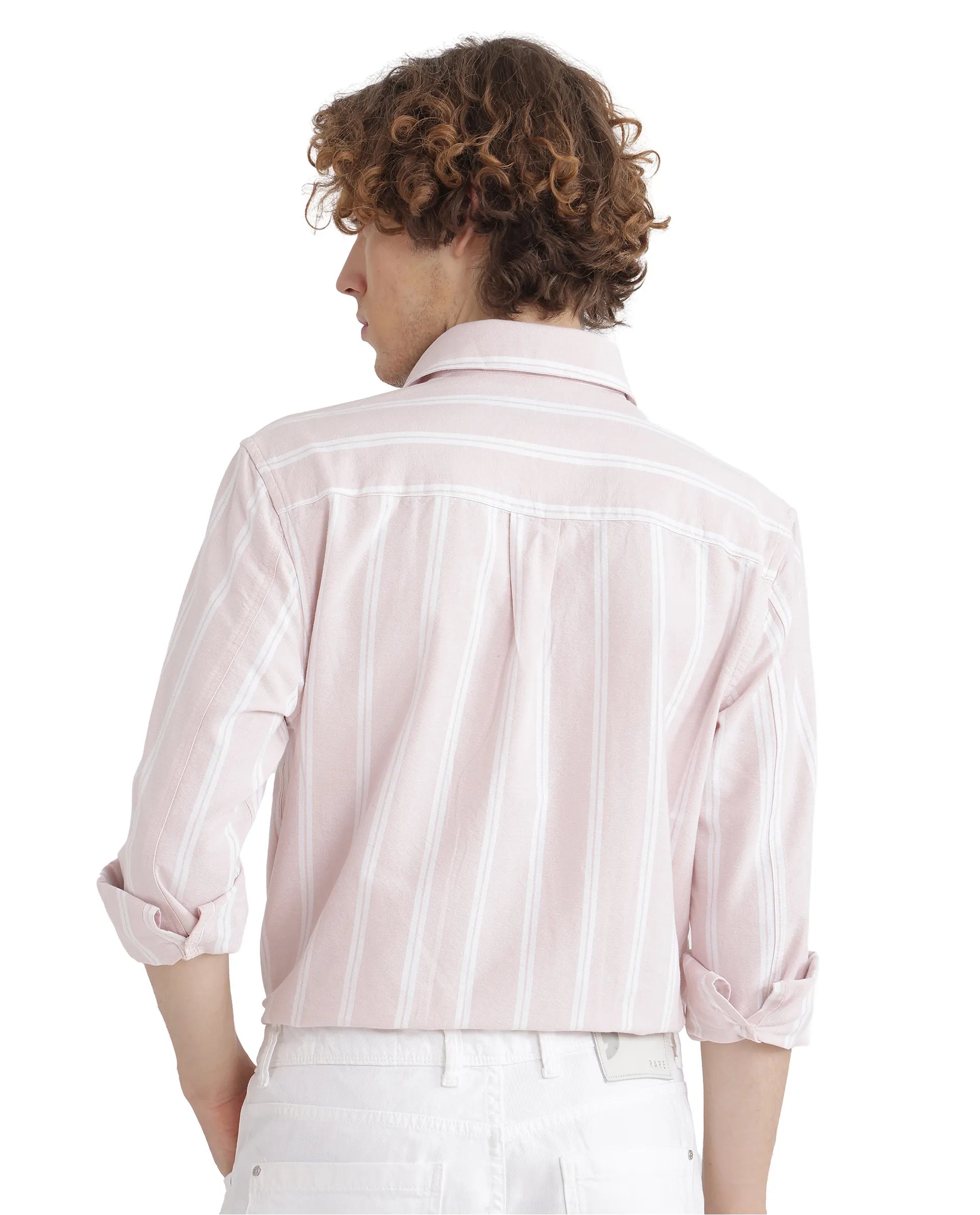 Rare Rabbit Men's Tickop Light Pink Cotton Fabric Full Sleeve Regular Fit Stripe Printed Shirt