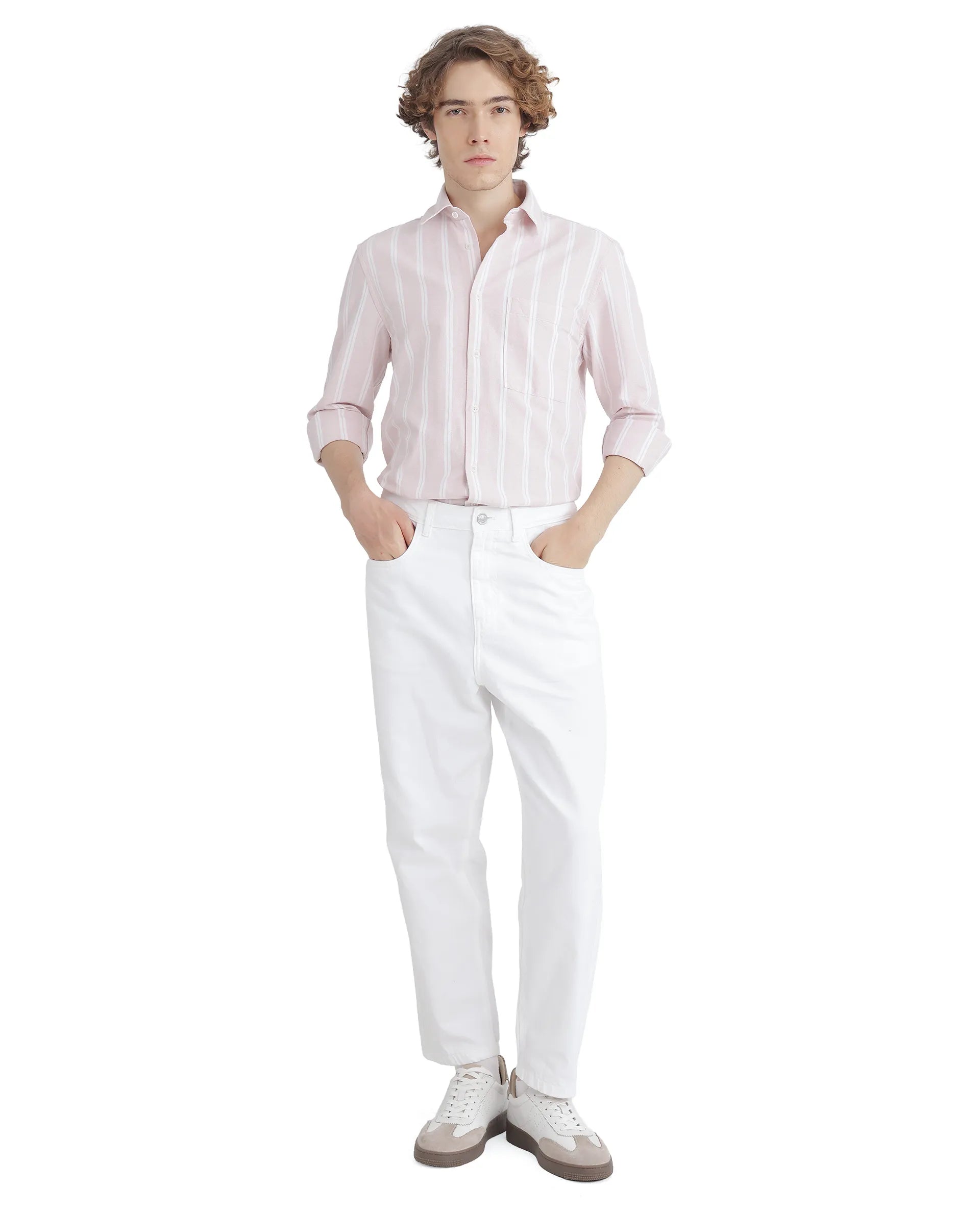 Rare Rabbit Men's Tickop Light Pink Cotton Fabric Full Sleeve Regular Fit Stripe Printed Shirt