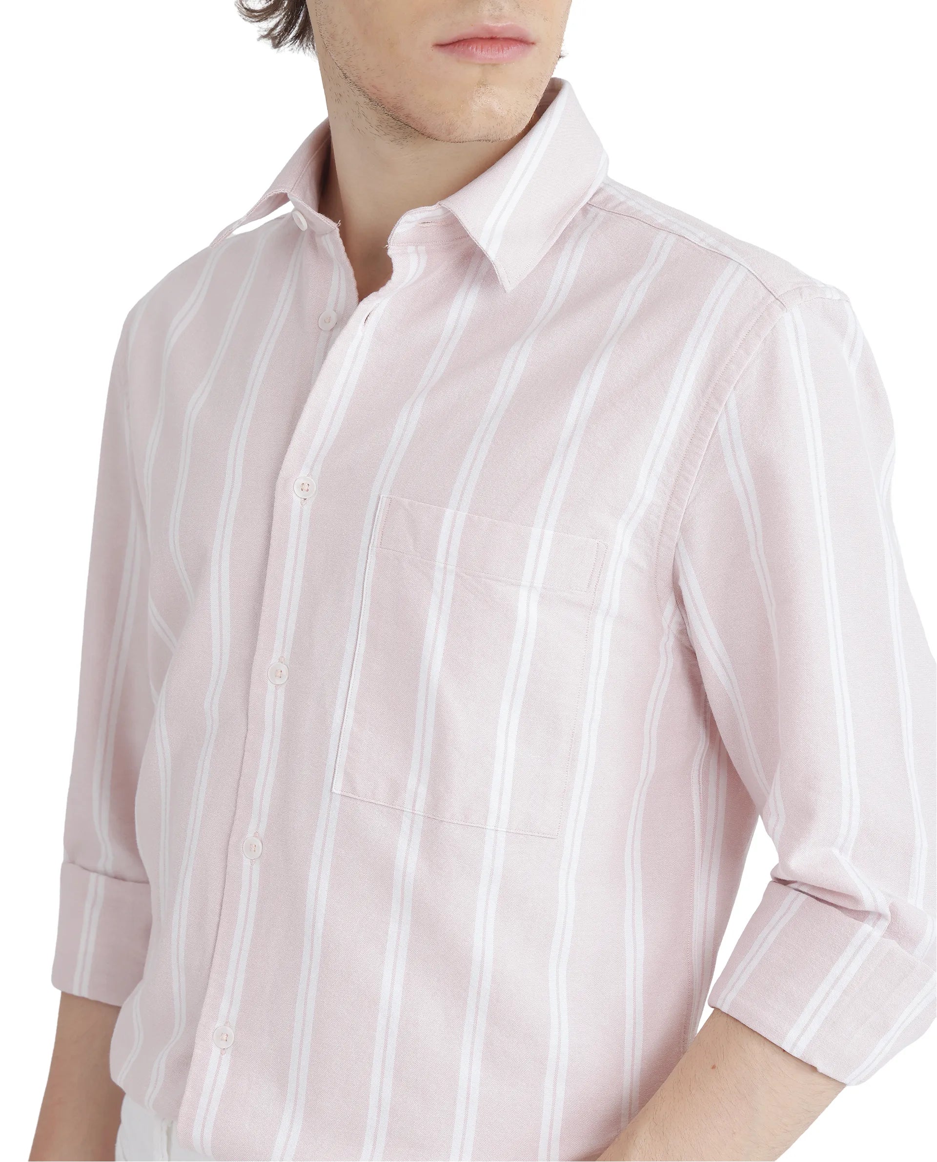 Rare Rabbit Men's Tickop Light Pink Cotton Fabric Full Sleeve Regular Fit Stripe Printed Shirt