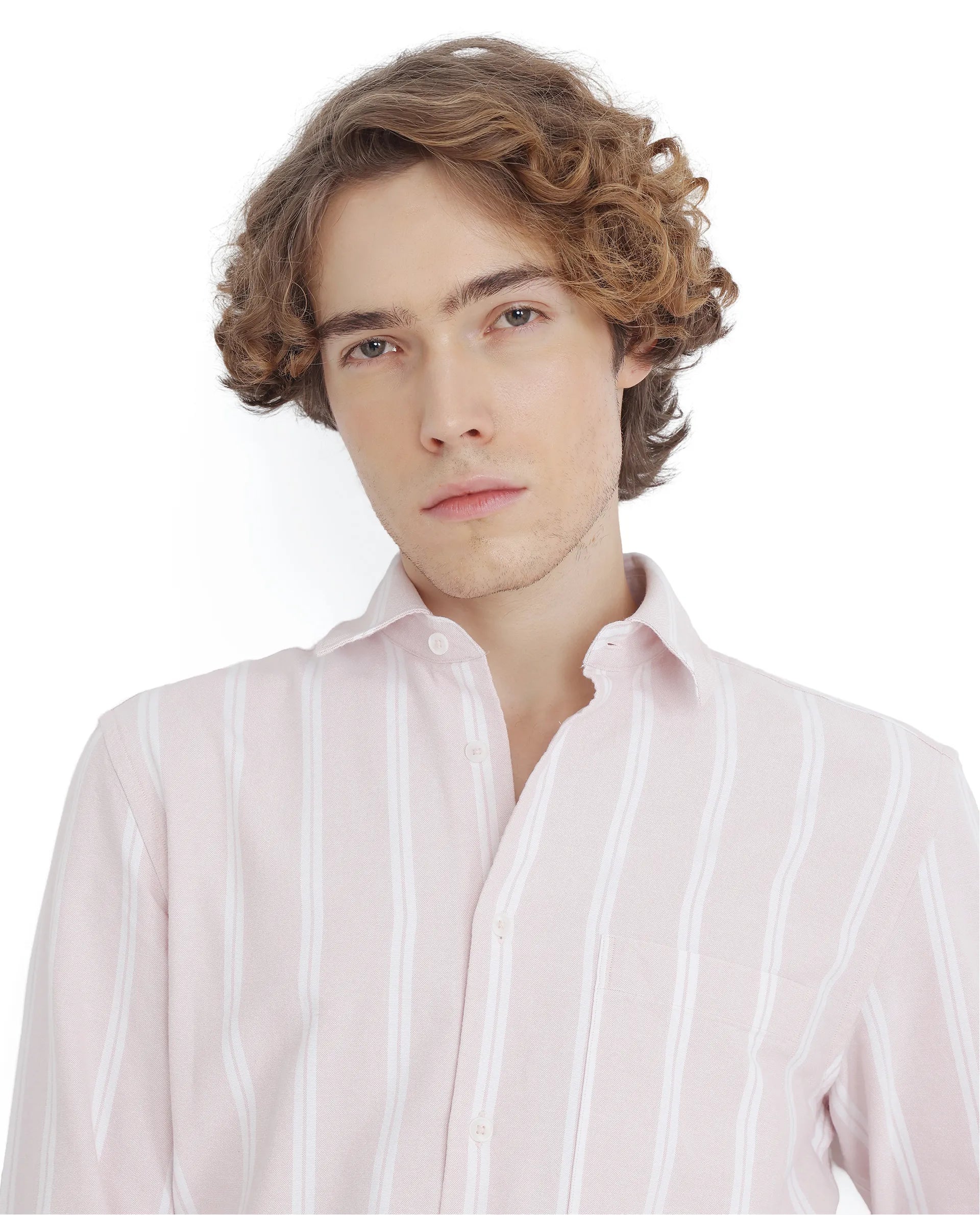 Rare Rabbit Men's Tickop Light Pink Cotton Fabric Full Sleeve Regular Fit Stripe Printed Shirt