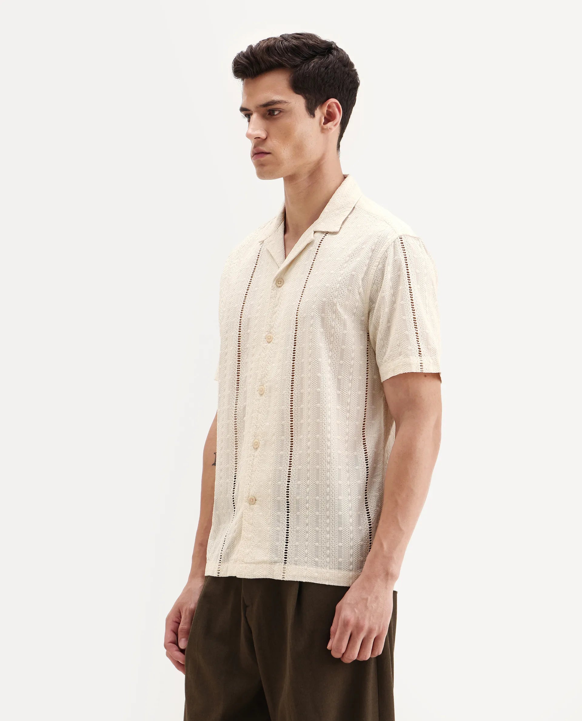 Rare Rabbit Men's Tiffy Off White Cotton Embroidered Boxy Fit Half Sleeve Cuban Collar Shirt