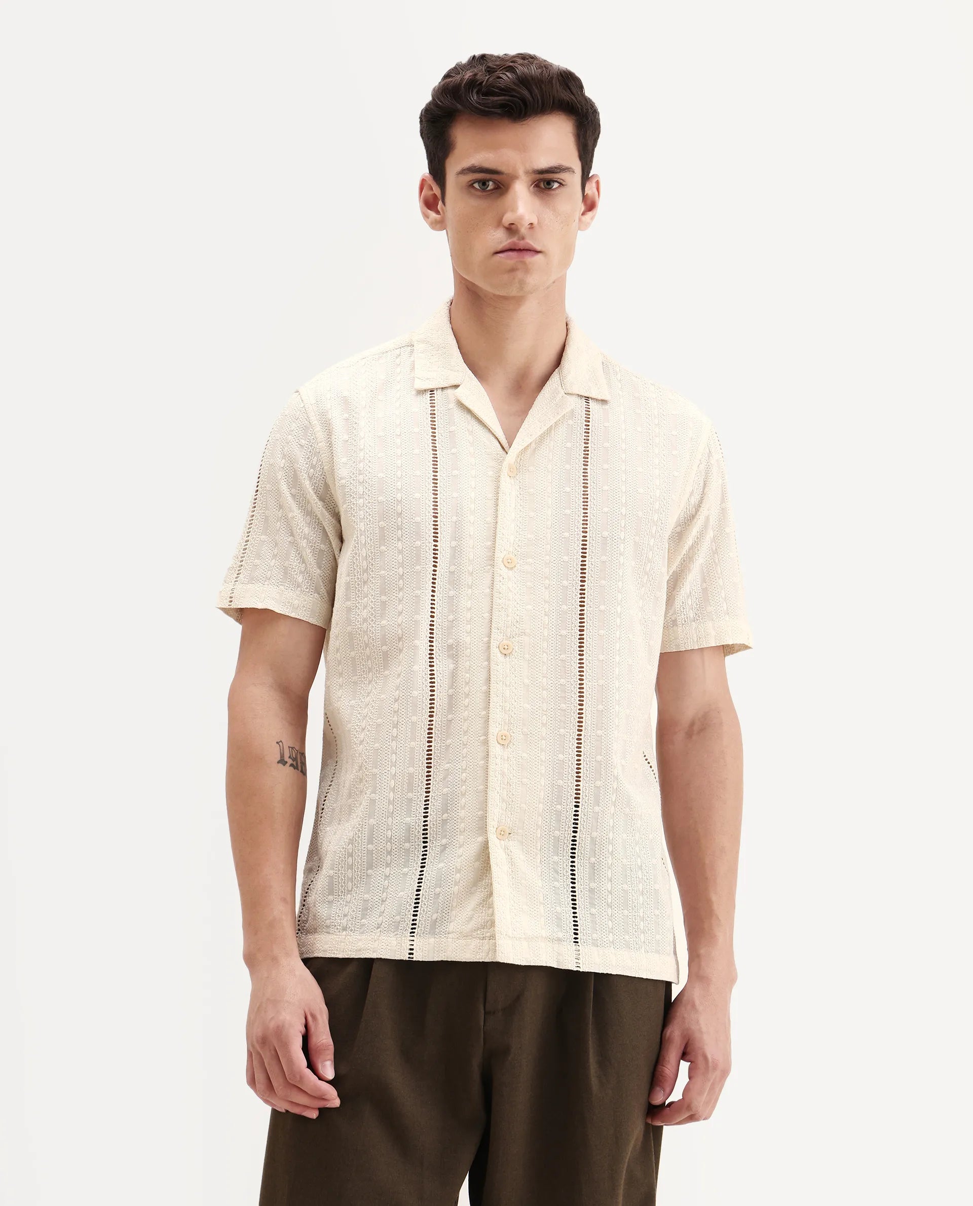 Rare Rabbit Men's Tiffy Off White Cotton Embroidered Boxy Fit Half Sleeve Cuban Collar Shirt