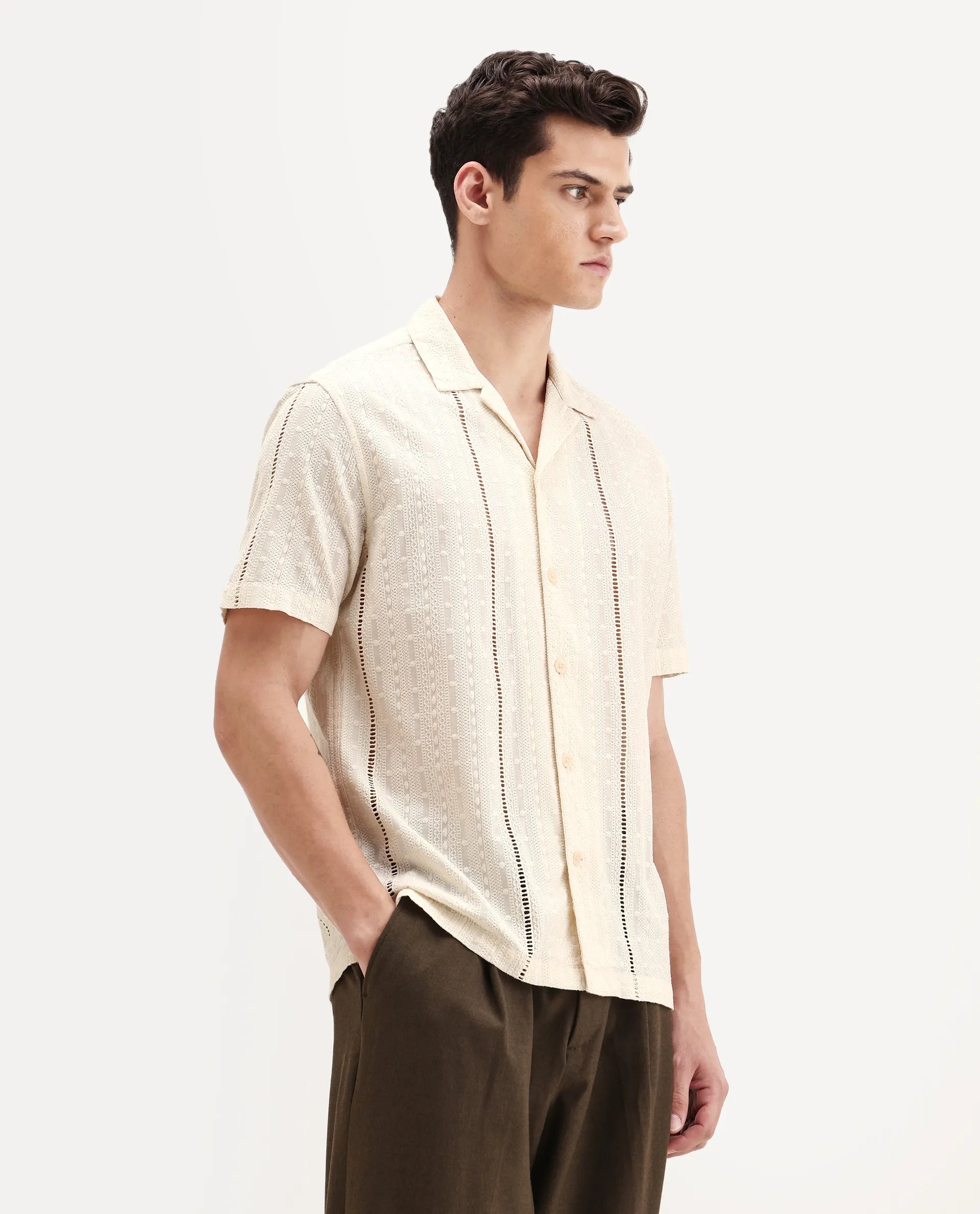 Rare Rabbit Men's Tiffy Off White Cotton Embroidered Boxy Fit Half Sleeve Cuban Collar Shirt