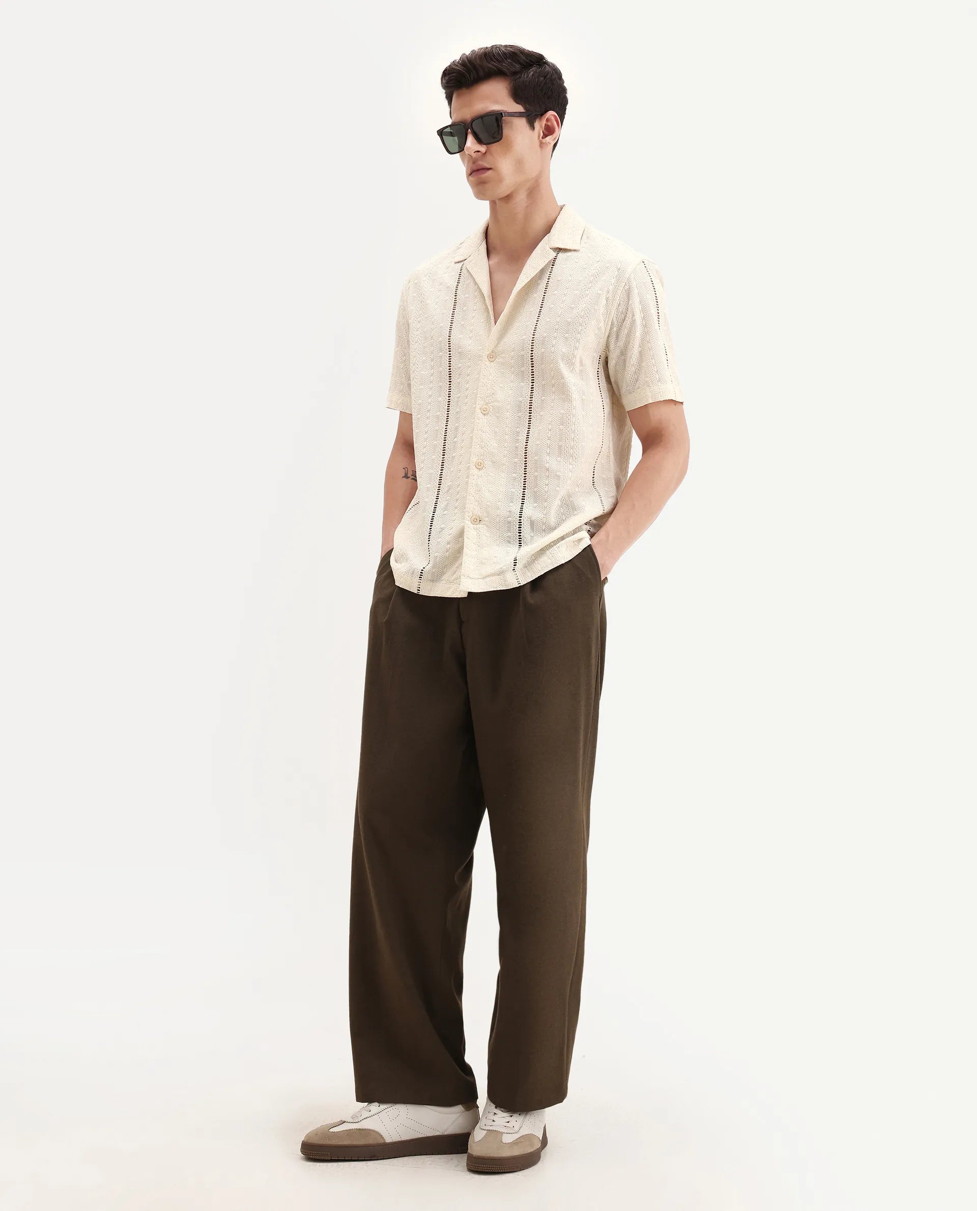 Rare Rabbit Men's Tiffy Off White Cotton Embroidered Boxy Fit Half Sleeve Cuban Collar Shirt